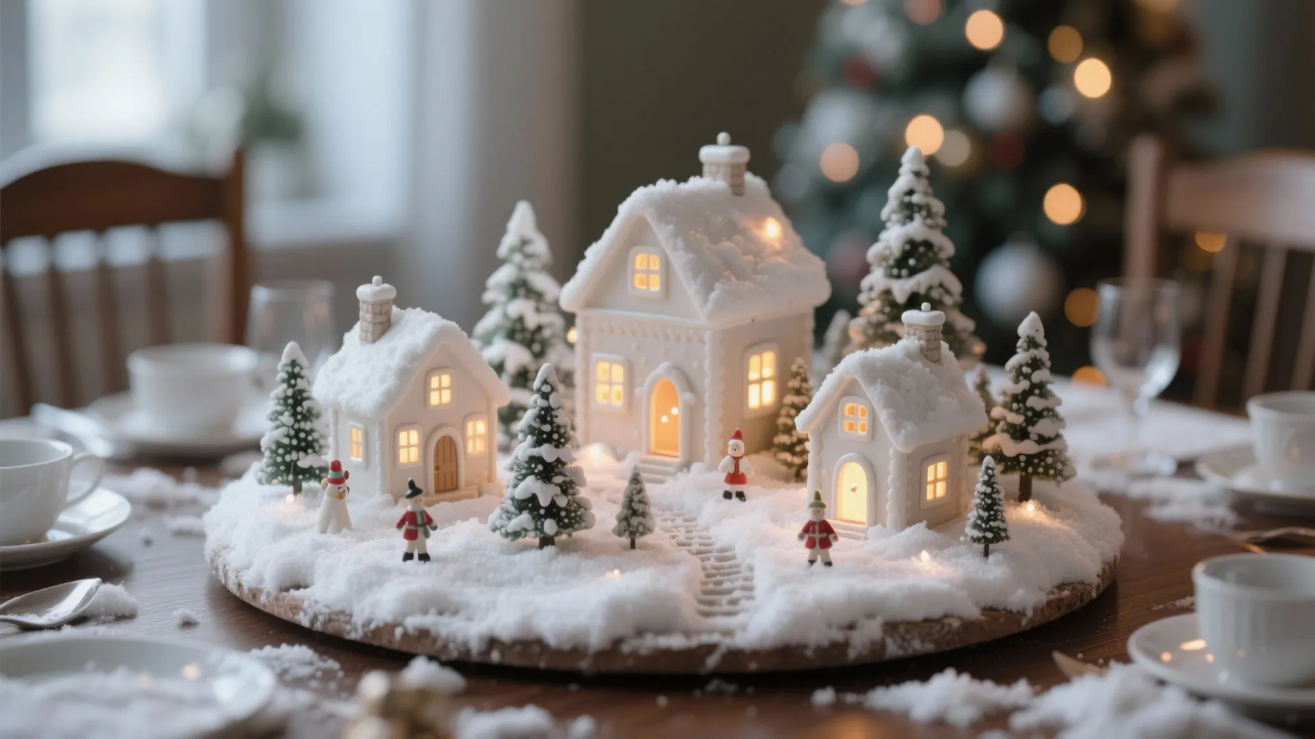 Miniature snow village Christmas centerpiece with faux snow