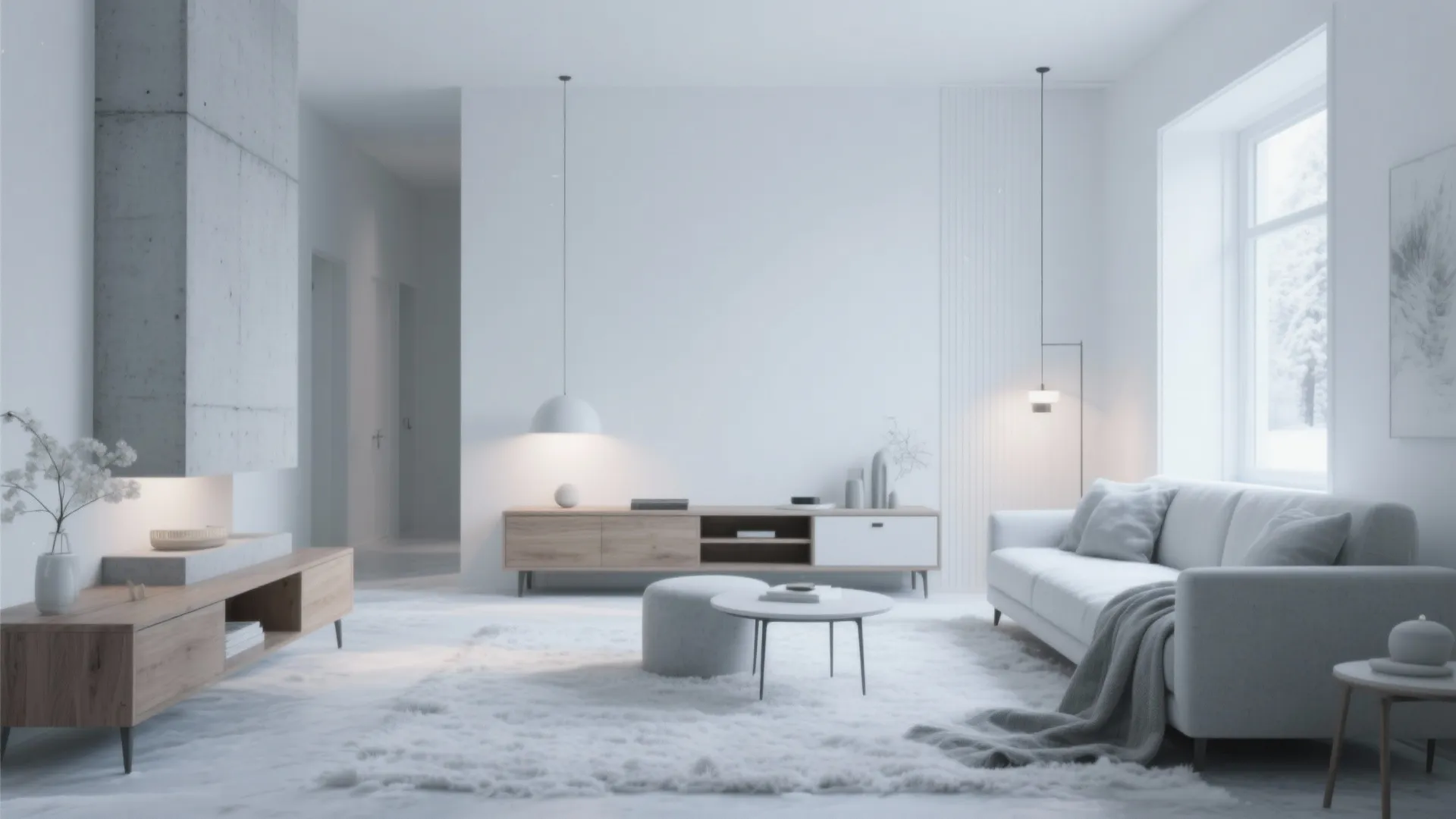 Modern white living room with grey sofa wooden cabinet soft rug and minimalist white ceiling light