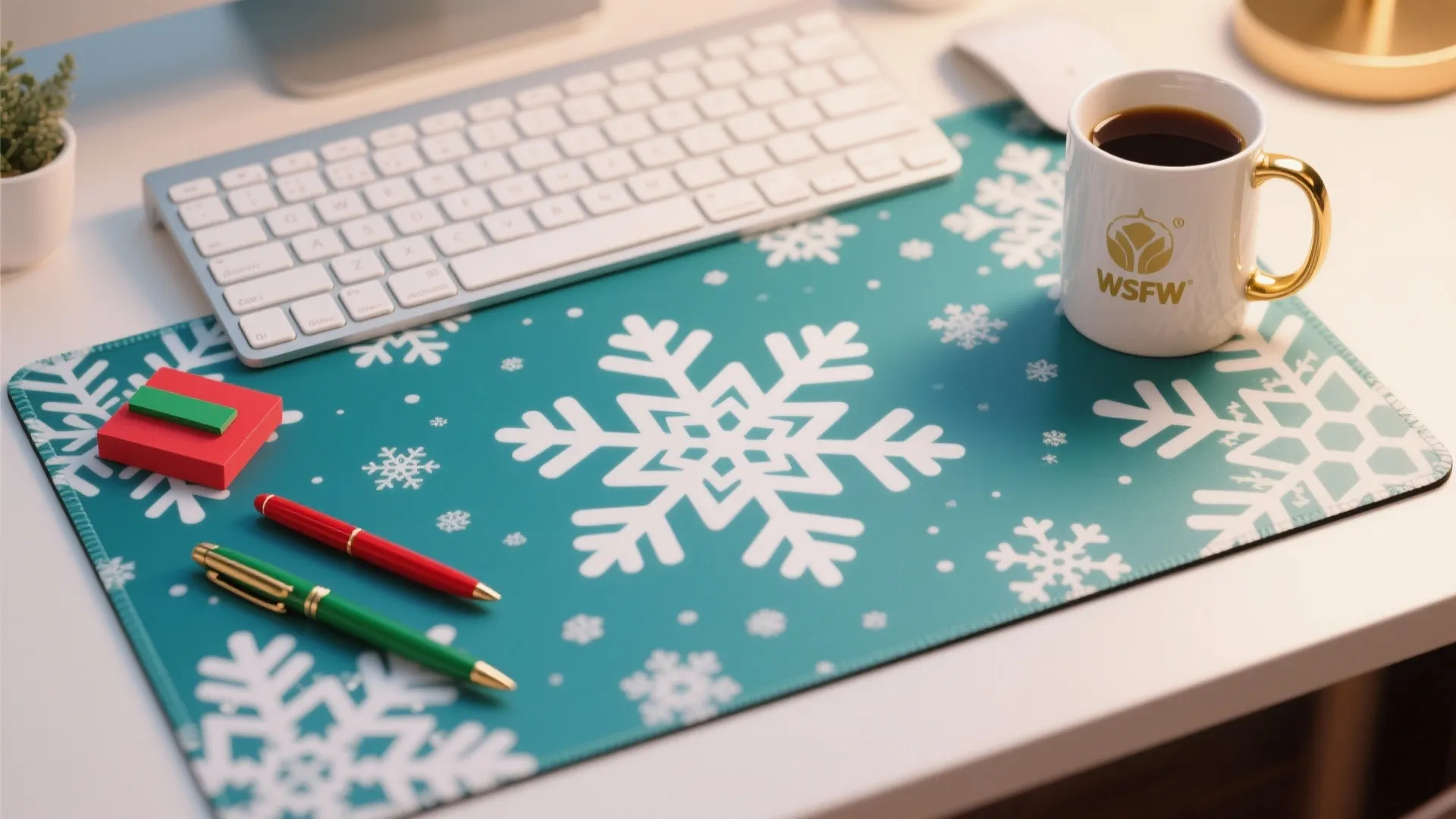 Teal desk mat with snowflake patterns featuring a keyboard and coffee mug on a white desk