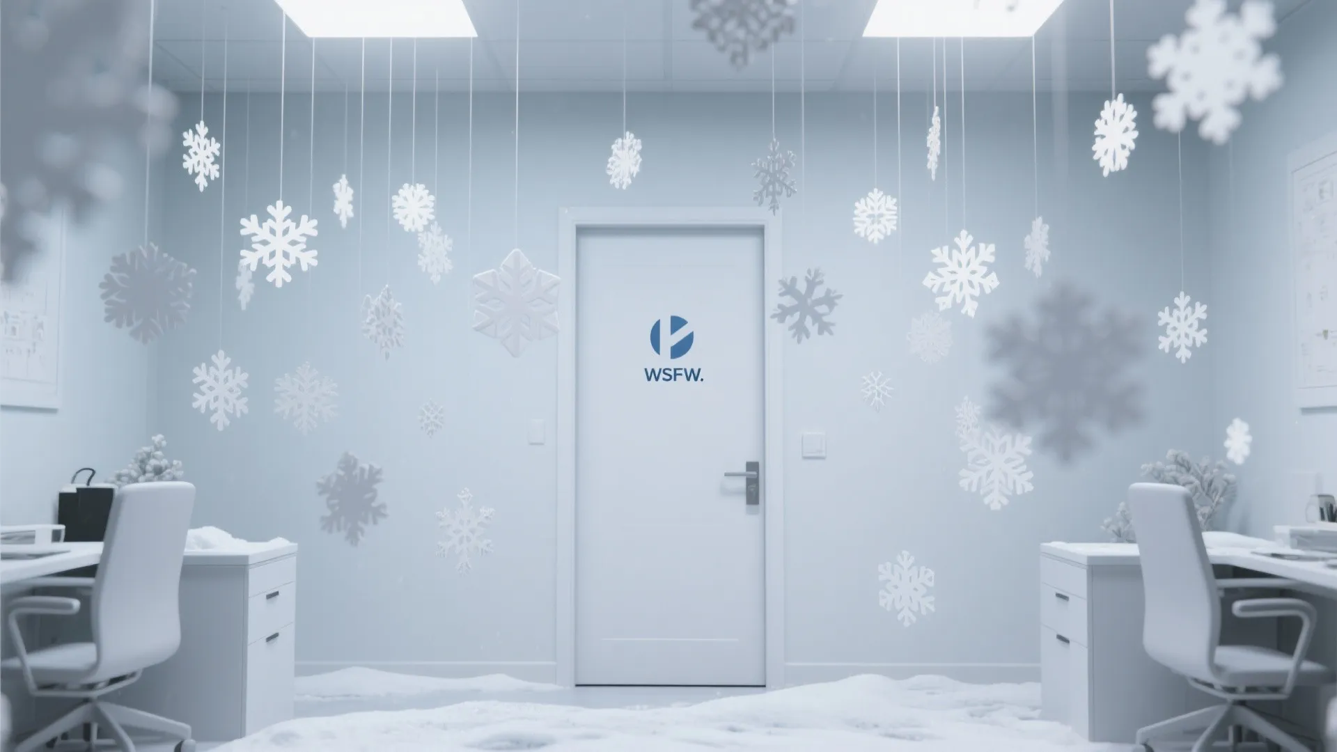 White office door inside a room decorated with many hanging paper snowflakes and floor snow