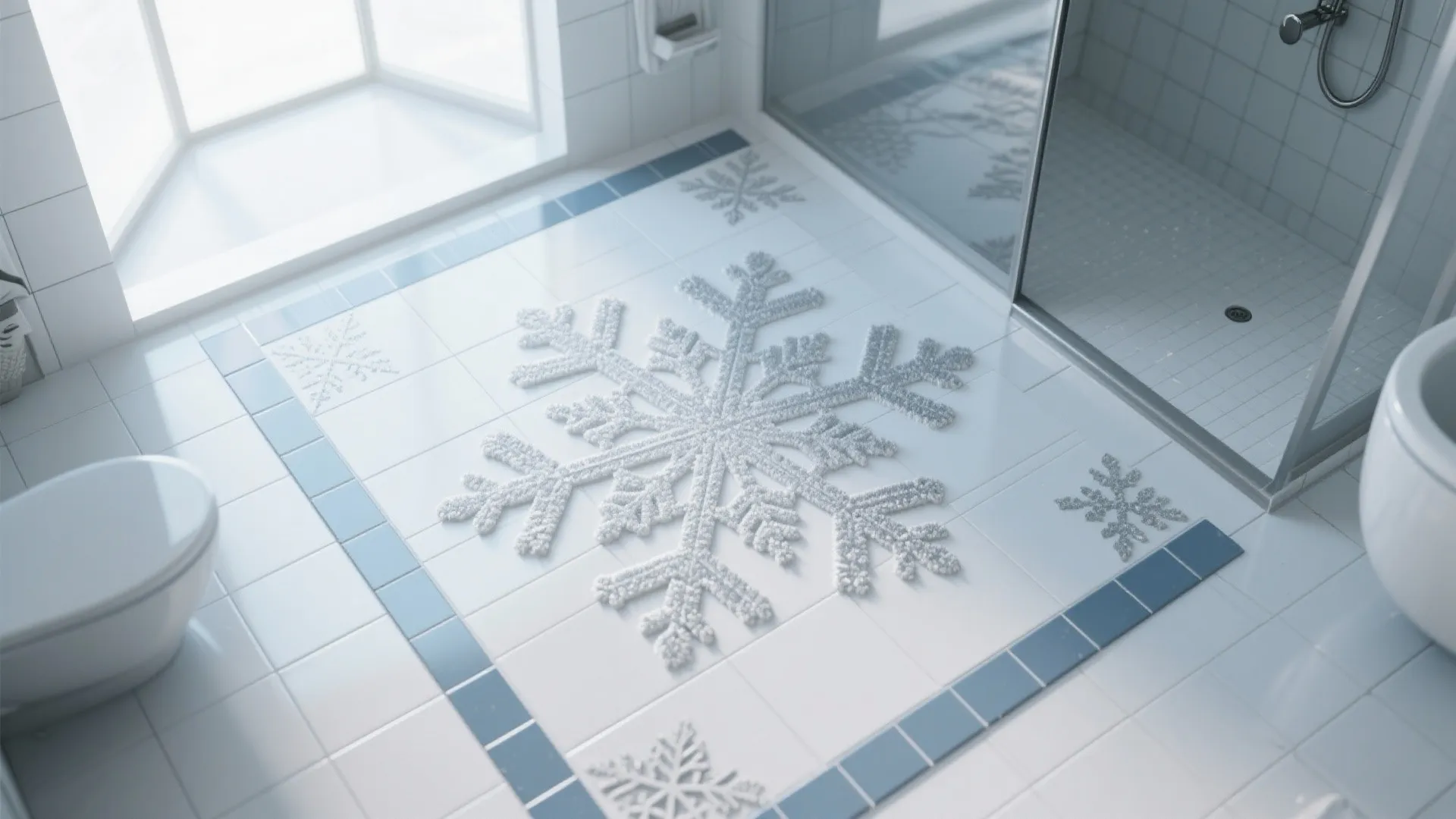White bathroom floor tiles featuring a large decorative snowflake pattern next to a glass shower cabin