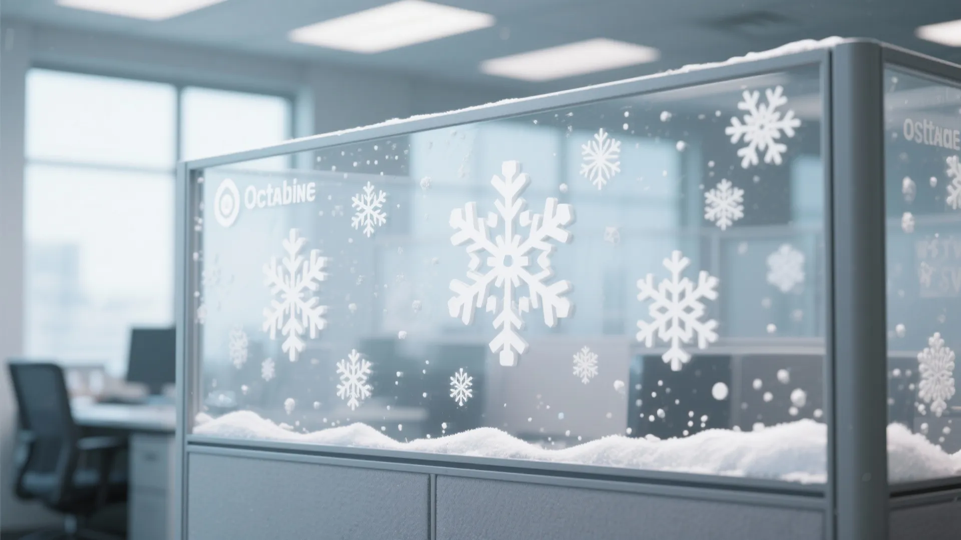 Office cubicle glass wall decorated with white snowflake stickers and artificial snow in bright office