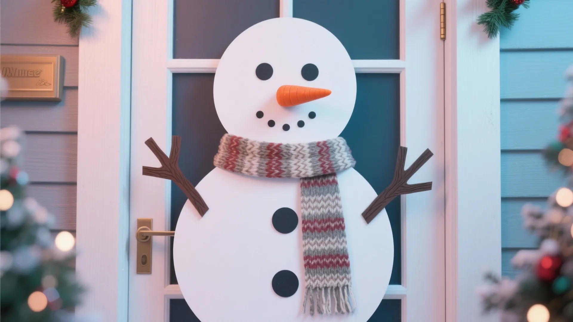 White door decorated with a large paper snowman wearing a striped scarf and orange nose
