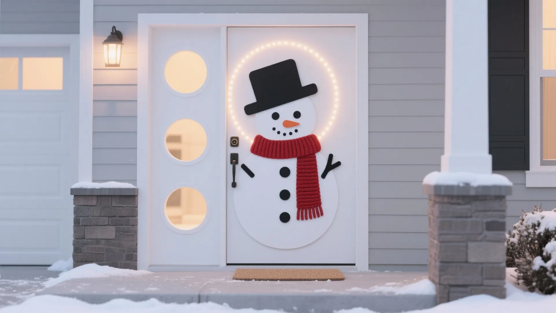 Front house door decorated with a smiling snowman sticker wearing red scarf and black hat