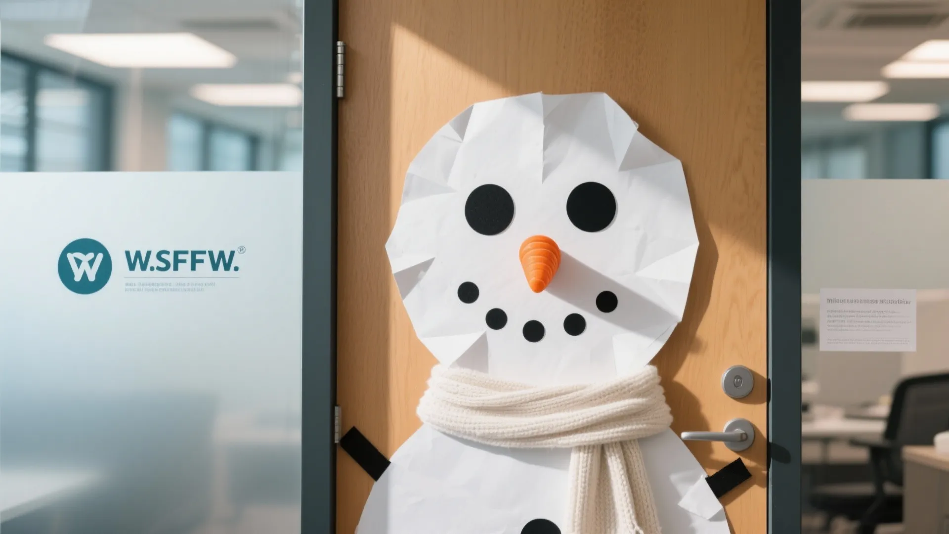 Wooden office door decorated with a large white paper snowman face wearing a white scarf