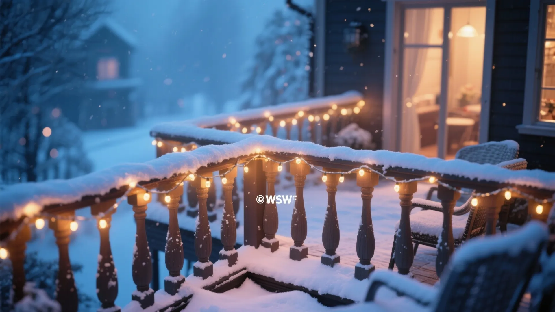 Snowy balcony lit with warm festive string lights