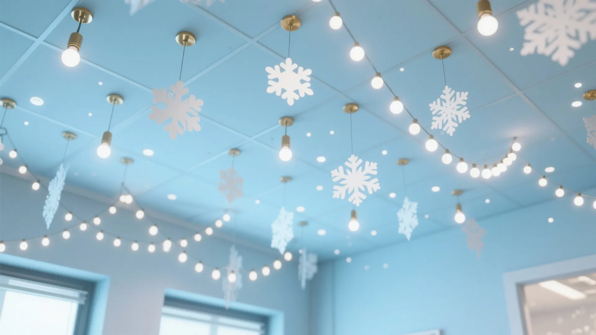 Light blue ceiling decorated with hanging white paper snowflakes string lights and small light bulbs