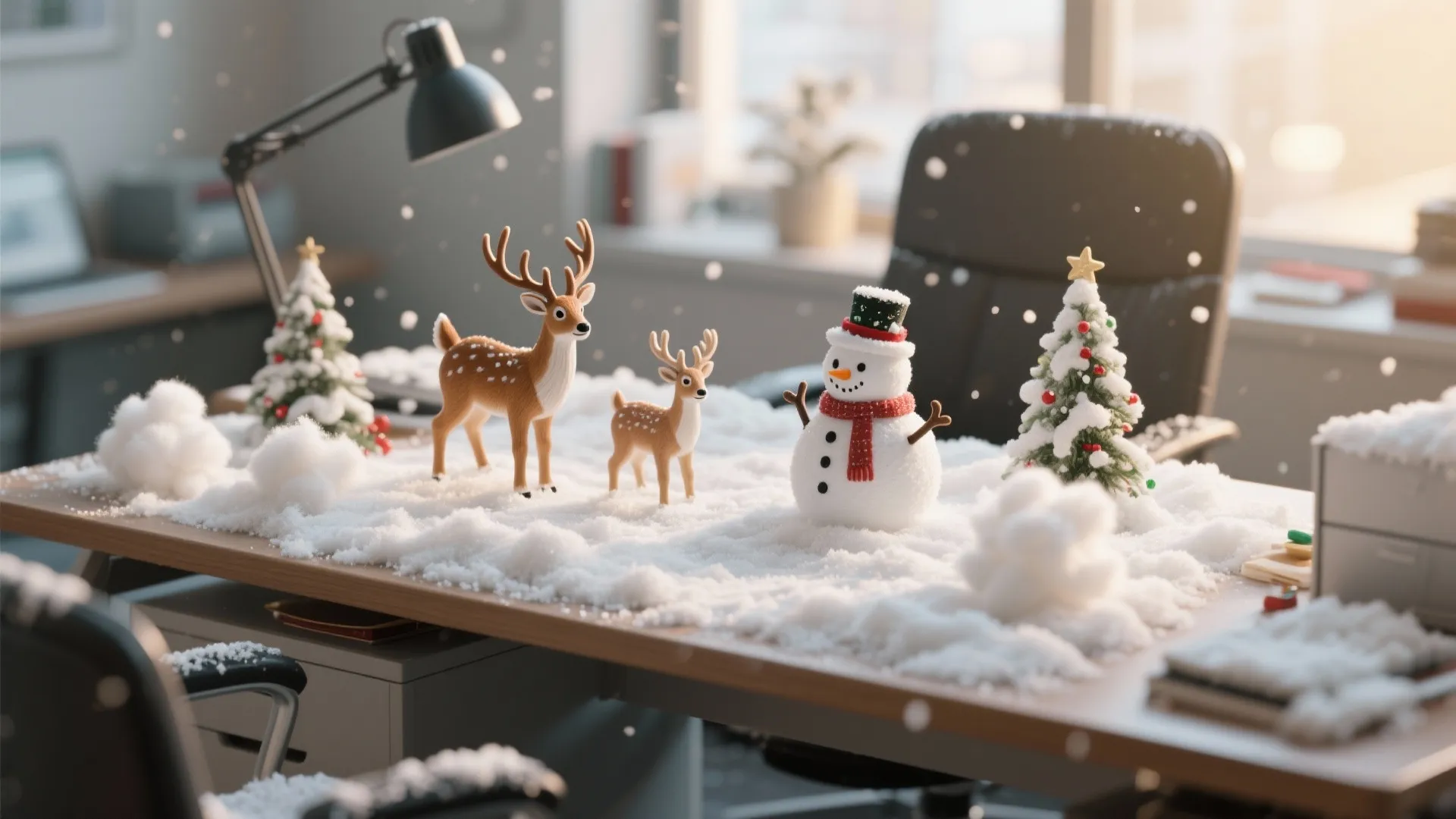 Office desk covered in artificial snow with small reindeer snowman and christmas tree holiday decorations