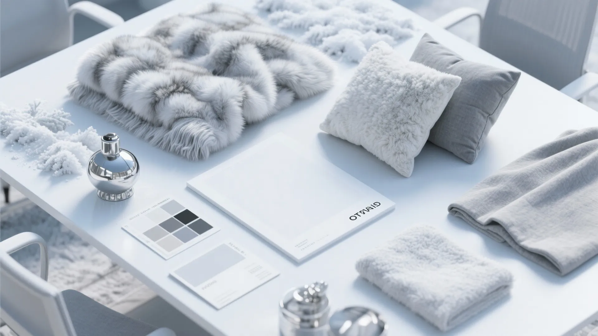 Modern interior design mood board with grey pillows fur textures color swatches and silver decor