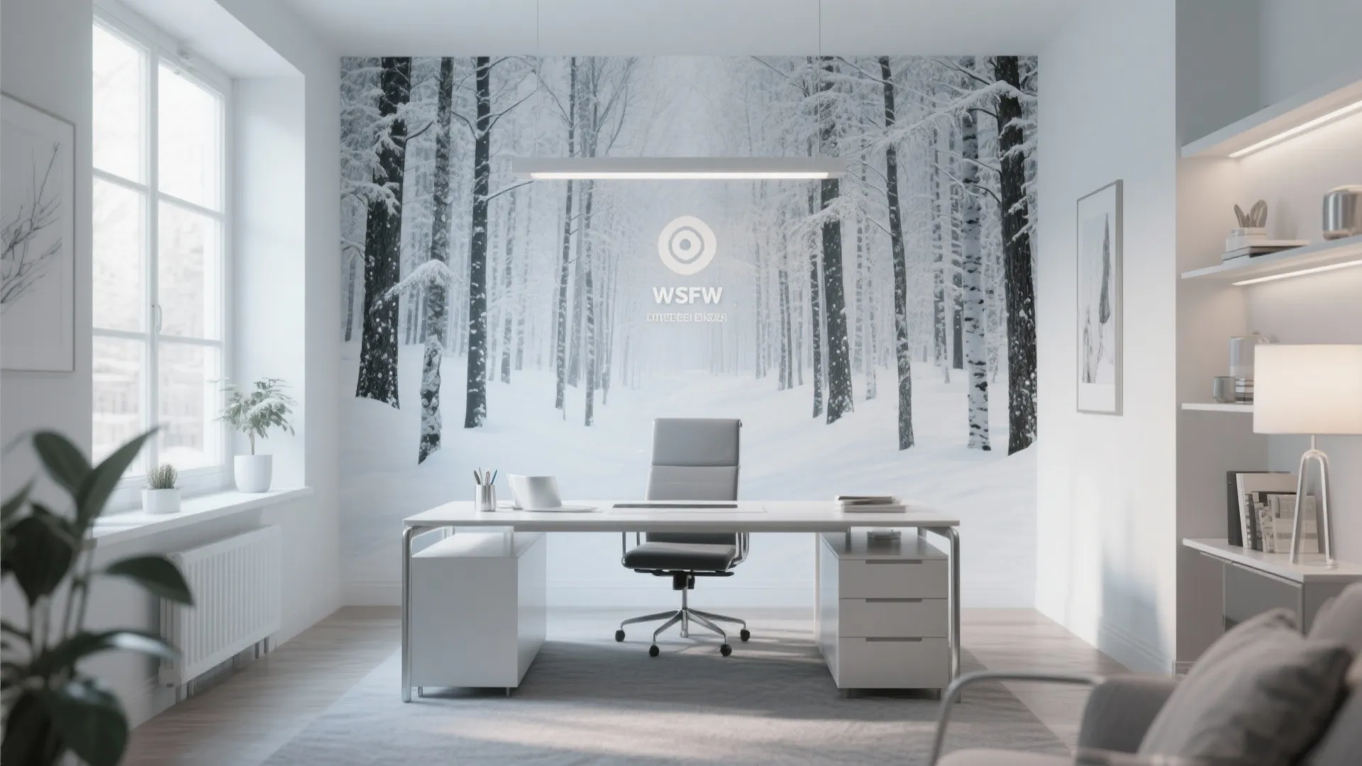 Modern home office featuring white desk grey chair and large winter forest mural on wall