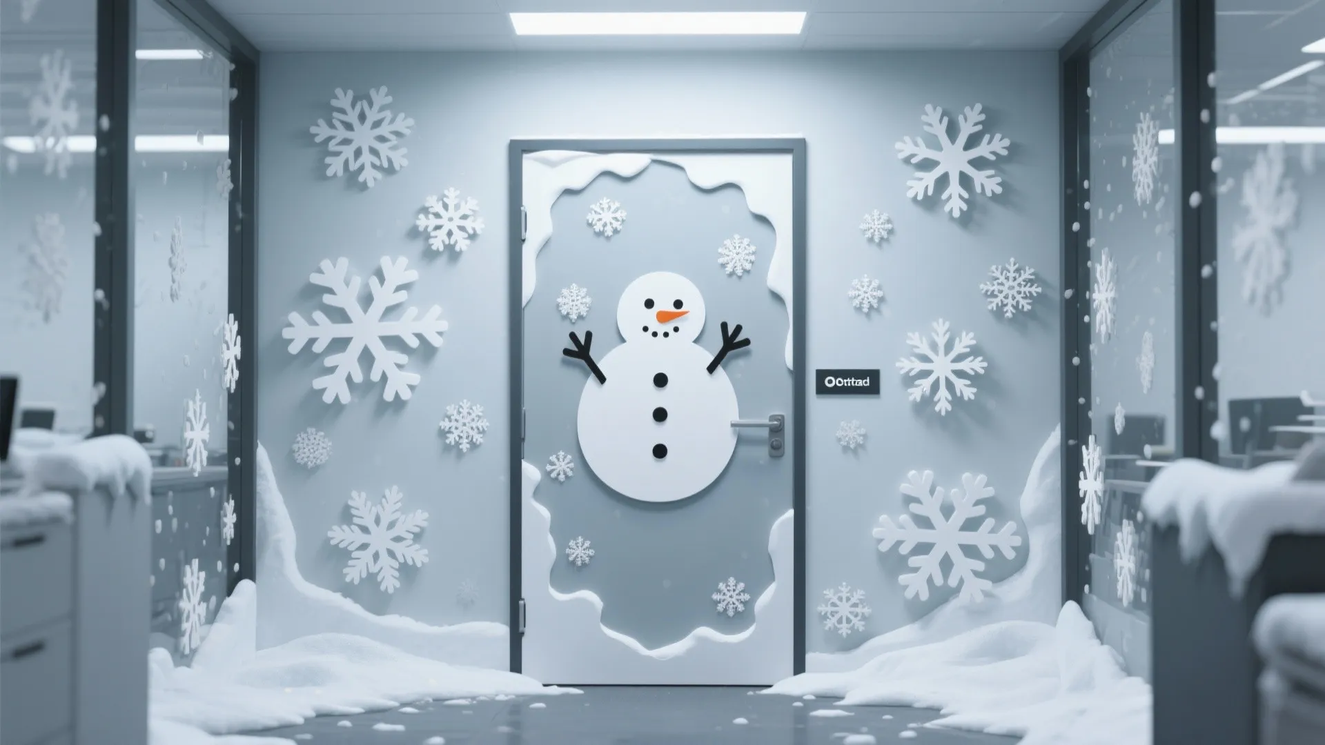 Modern office door featuring a snowman decoration surrounded by white snowflakes and fake snow piles