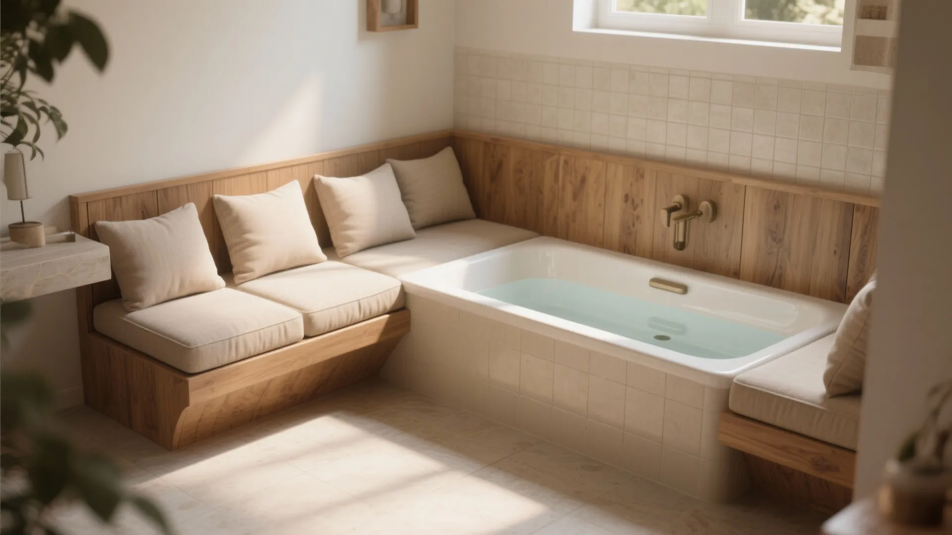 Built-in bench with a shallow soaking tub in a cozy alcove, showing cushions and a removable cover for dual seating.