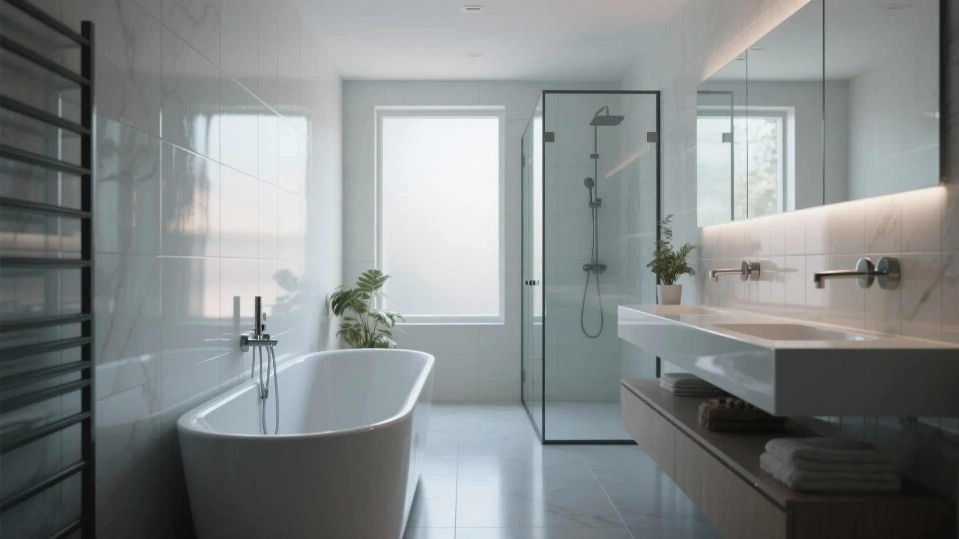Modern bright bathroom with white oval bathtub glass shower cabin double sink and marble wall tiles