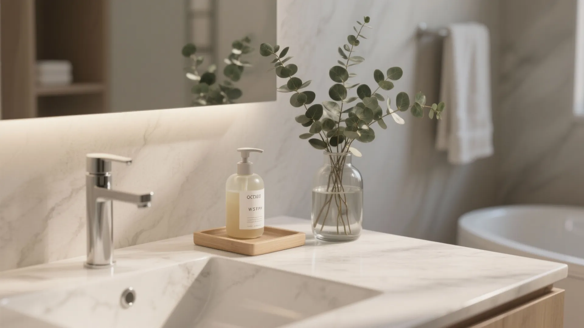 Modern marble bathroom counter with liquid soap on wooden tray and green leaves in glass vase
