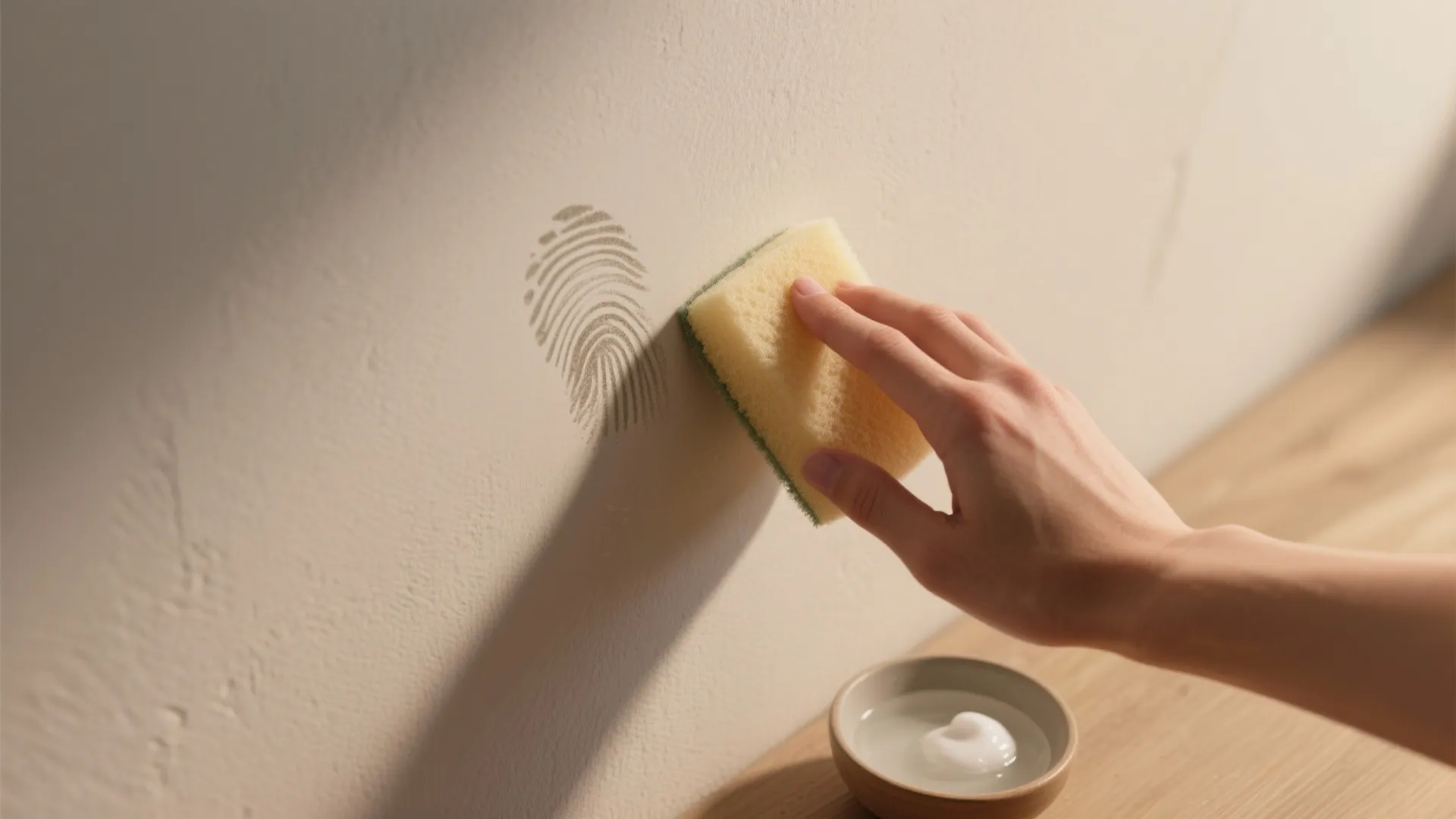 Hand using yellow sponge to clean a dark fingerprint mark from a white interior wall surface