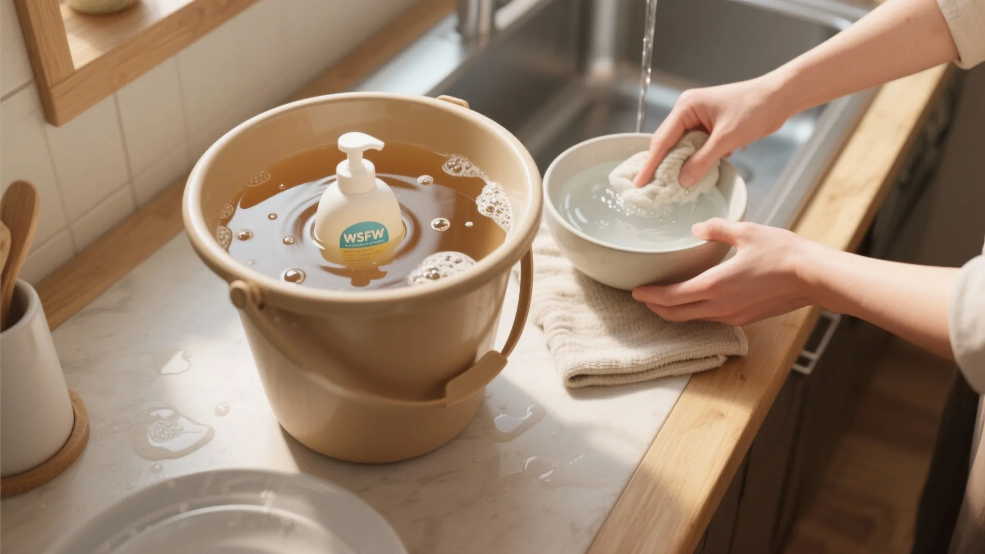 Person washing a bowl in kitchen sink next to bucket of soapy brown cleaning water