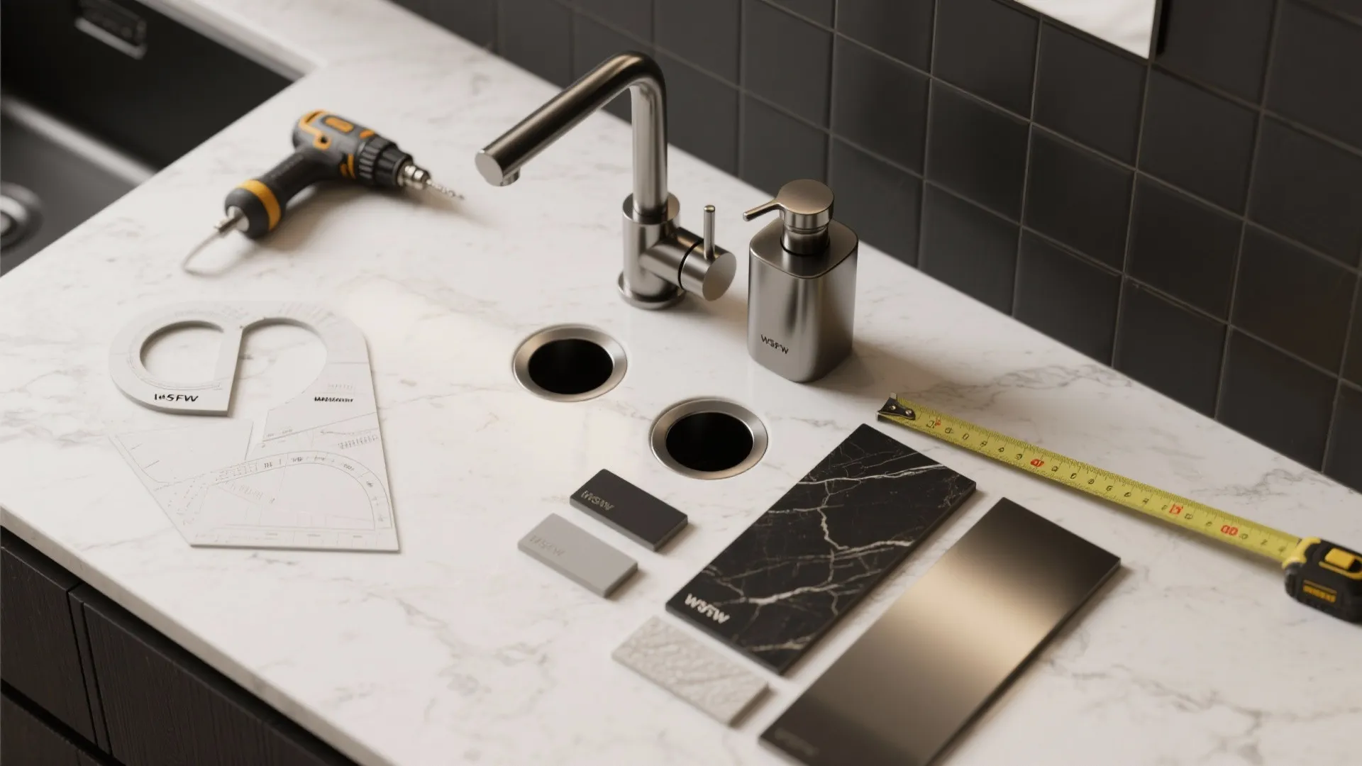 White marble counter top with water tap soap dispenser drill measuring tape and material samples