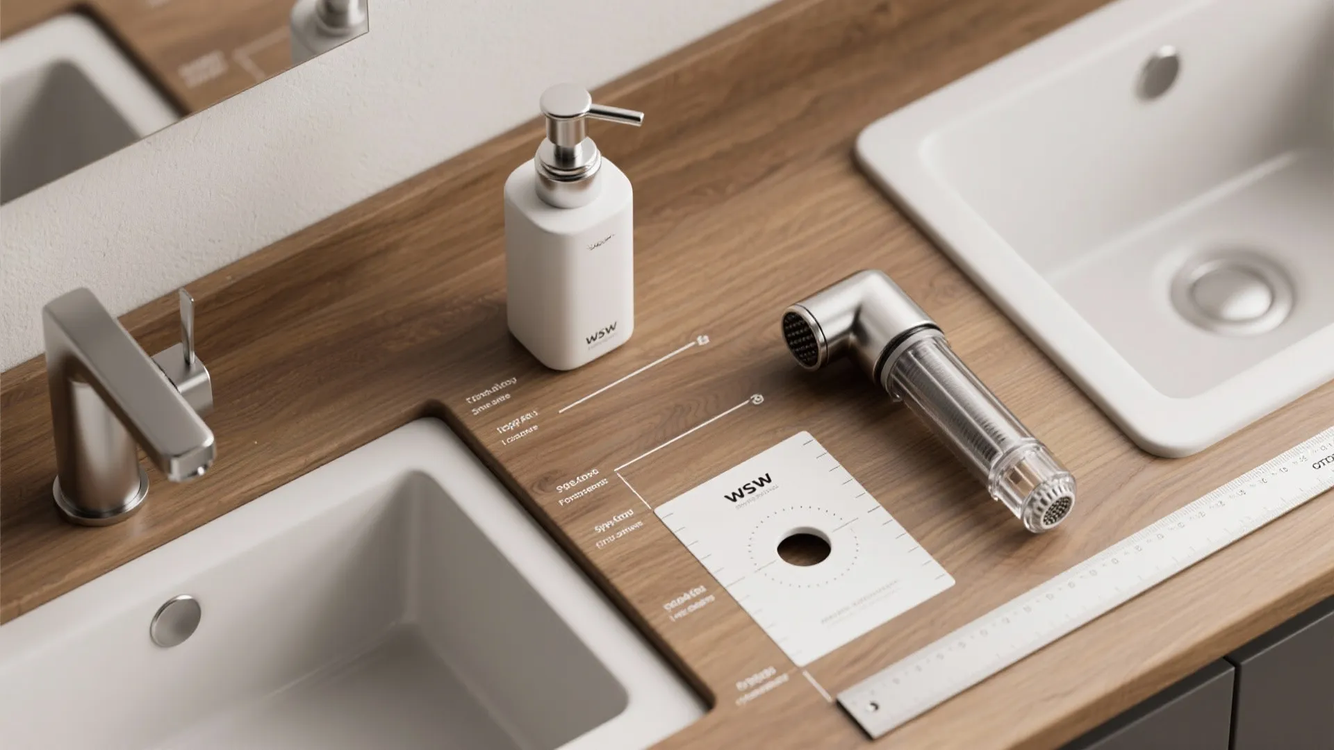Top view of kitchen countertop with white sink soap bottle and plumbing parts for installation