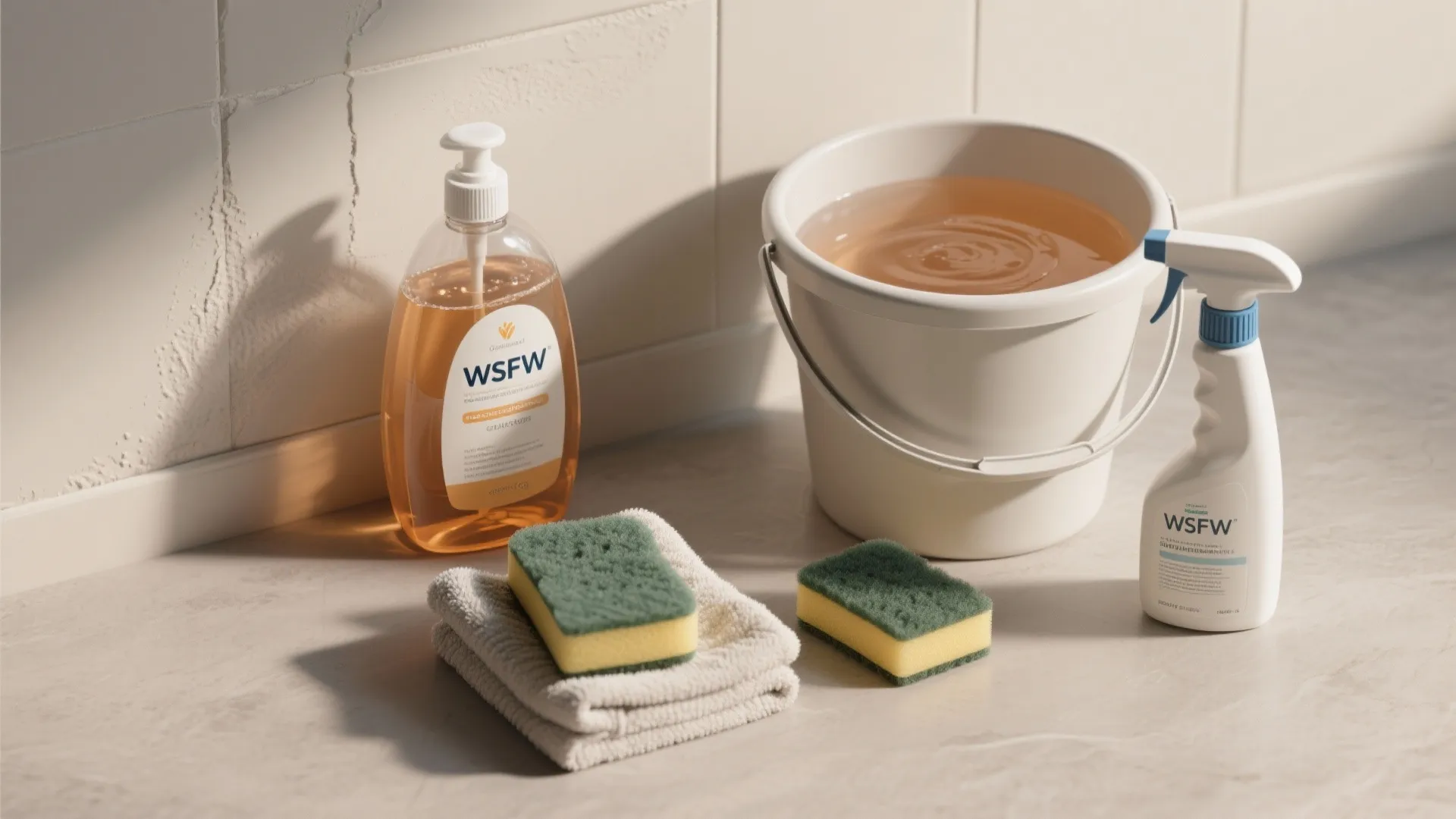 Cleaning supplies including soap bottle bucket of water spray bottle and sponges on a counter
