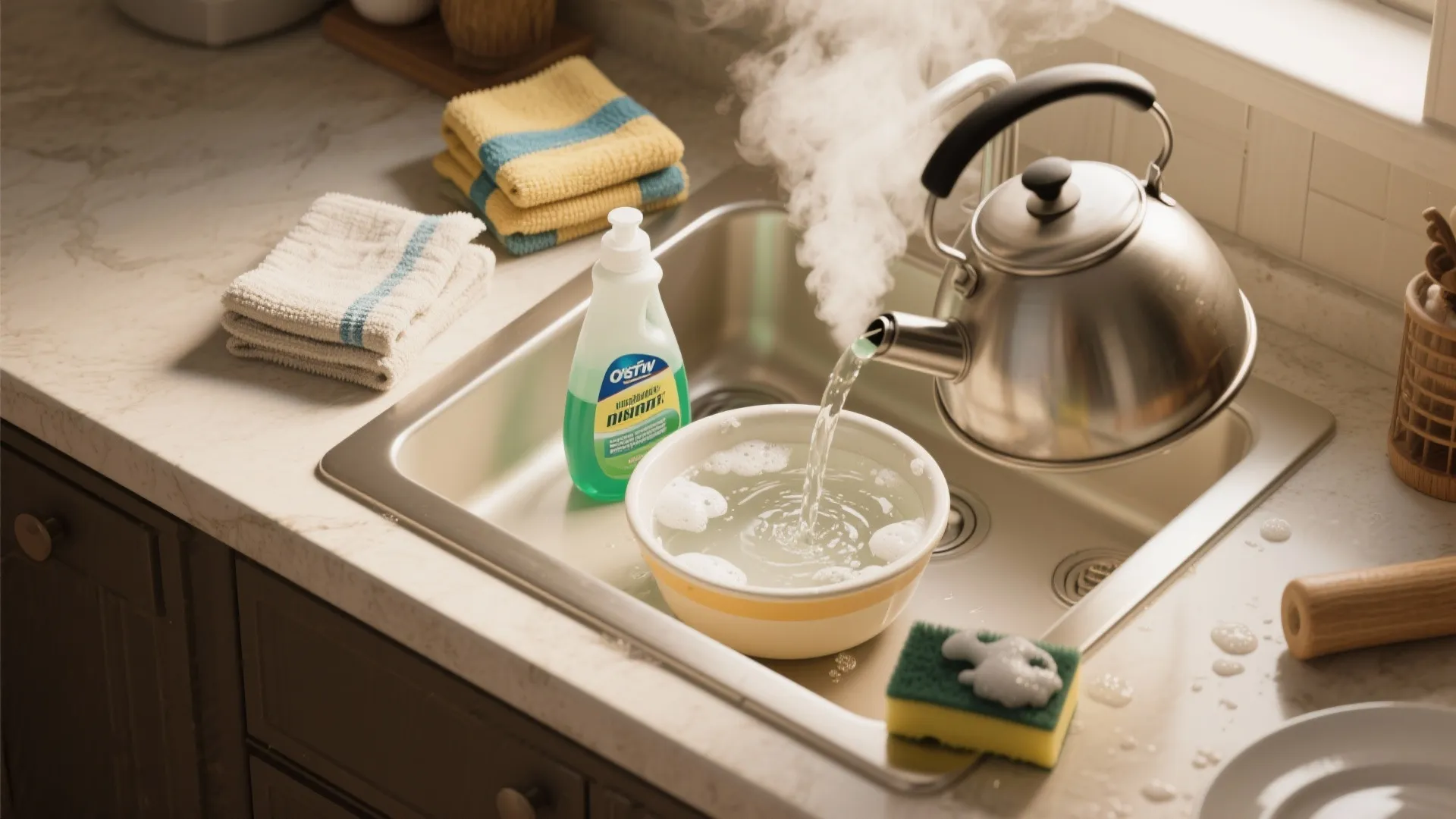 Steaming hot water pouring from silver kettle into bowl with soap inside a kitchen sink