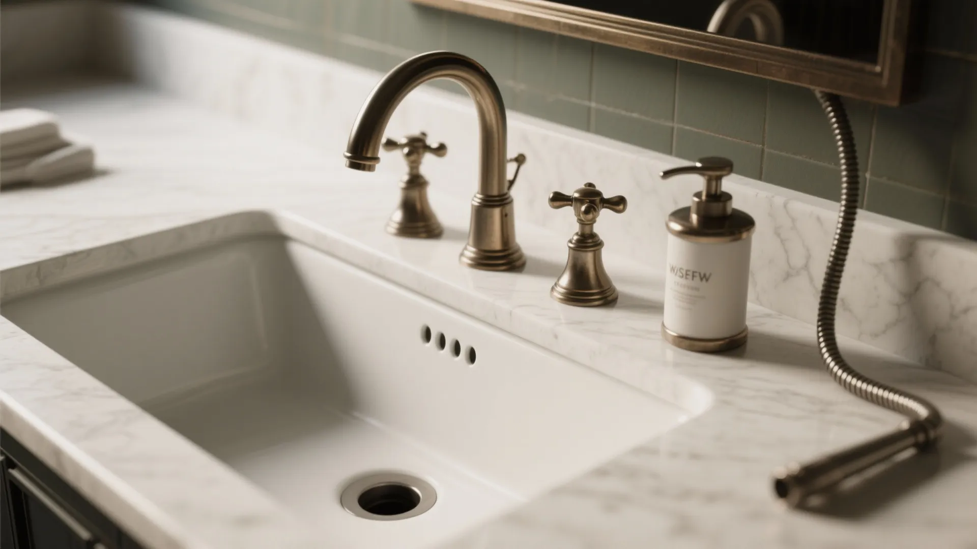 Close up of gold bathroom faucet with marble sink soap dispenser and green wall tiles