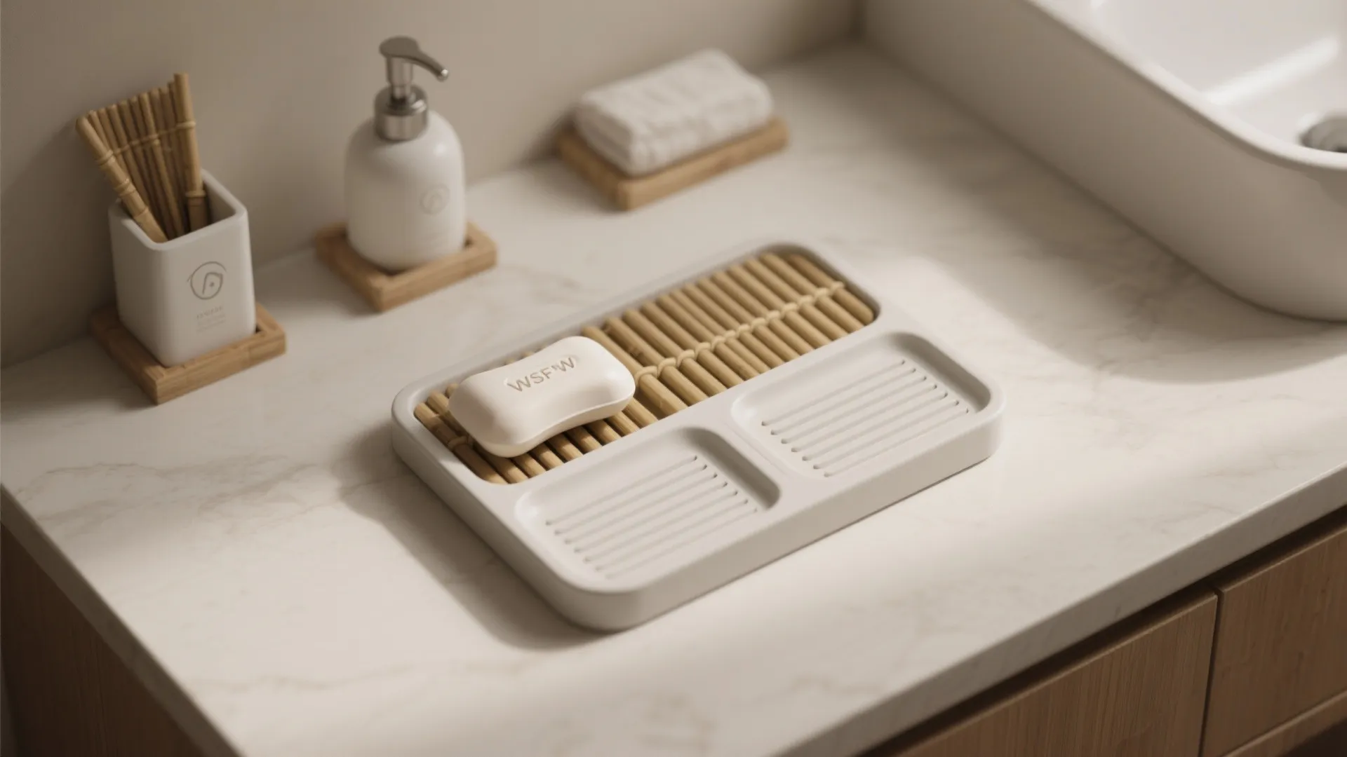 Top-down arrangement showing soap stand features like ridges, drip slots, silicone pads, and grids.