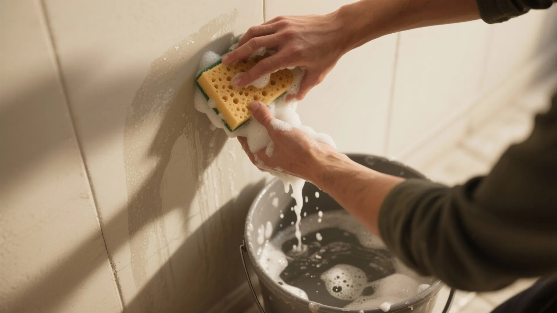 Cleaning bathroom wall panel with yellow sponge and soapy water above a grey plastic bucket
