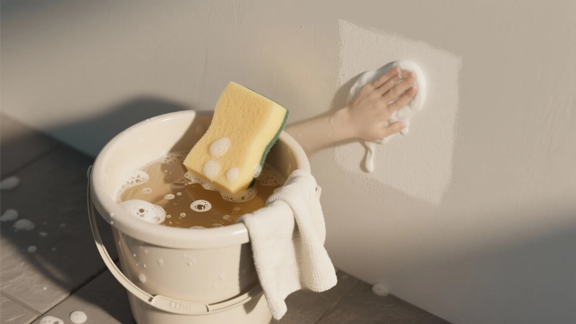 Hand cleaning a beige wall with soapy foam next to a bucket and yellow sponge