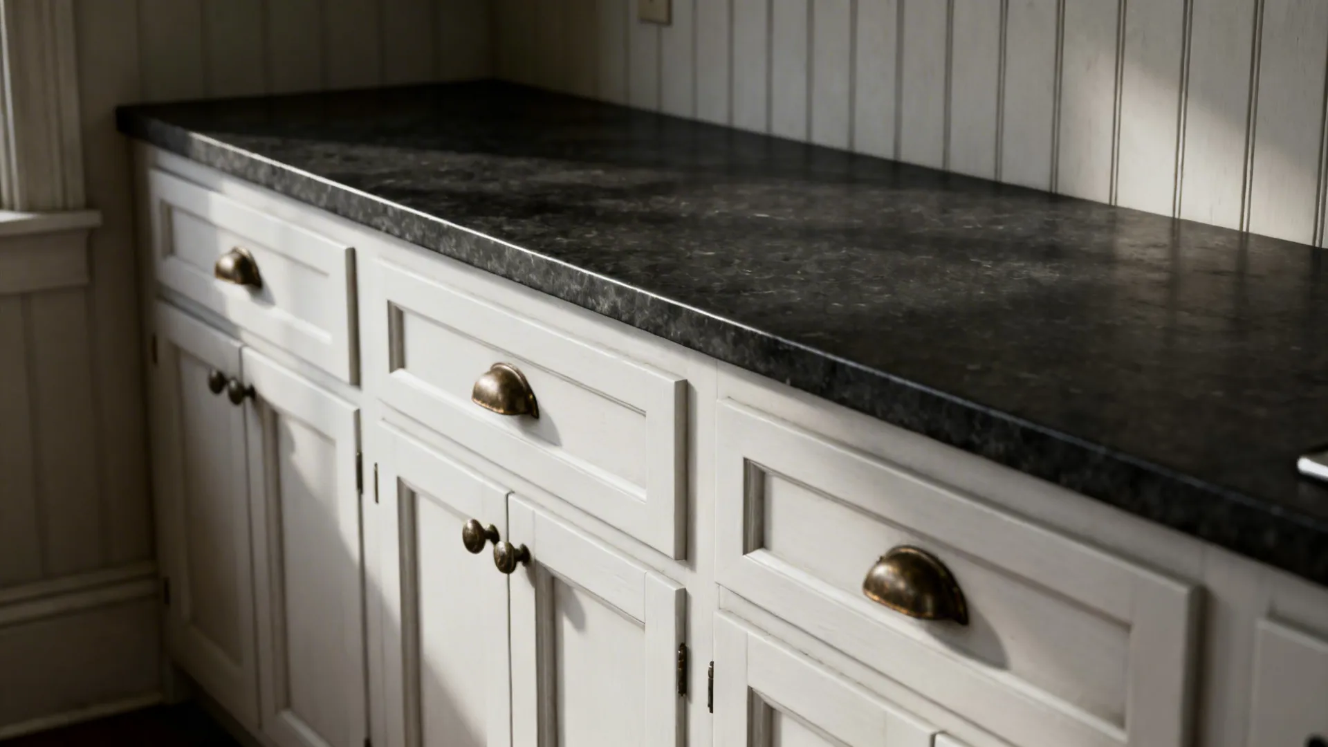 White cabinets paired with honed dark soapstone countertop creating subtle contrast