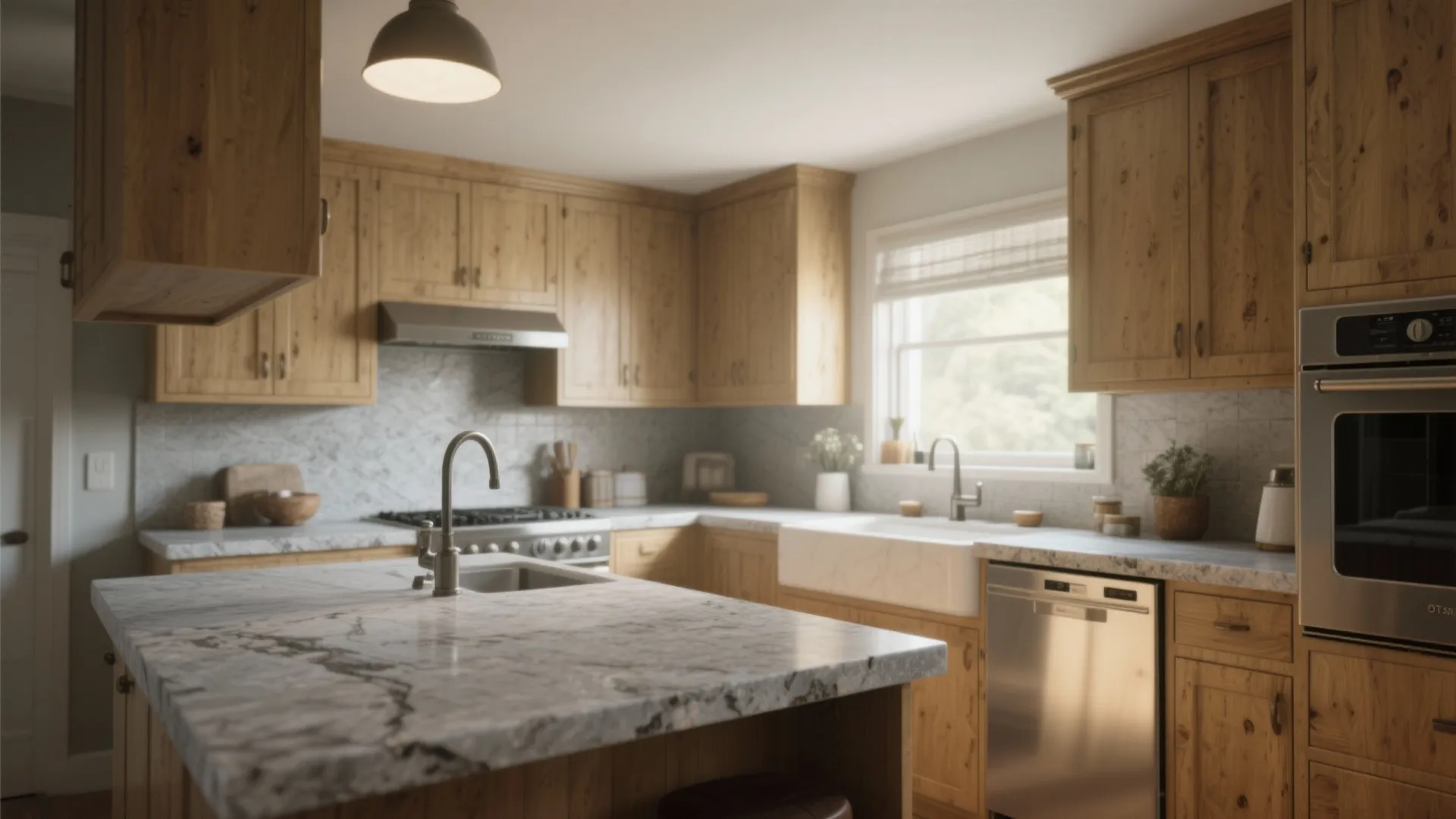 Modern kitchen with wood cabinets marble island white sink stainless dishwasher stove and large ceiling light