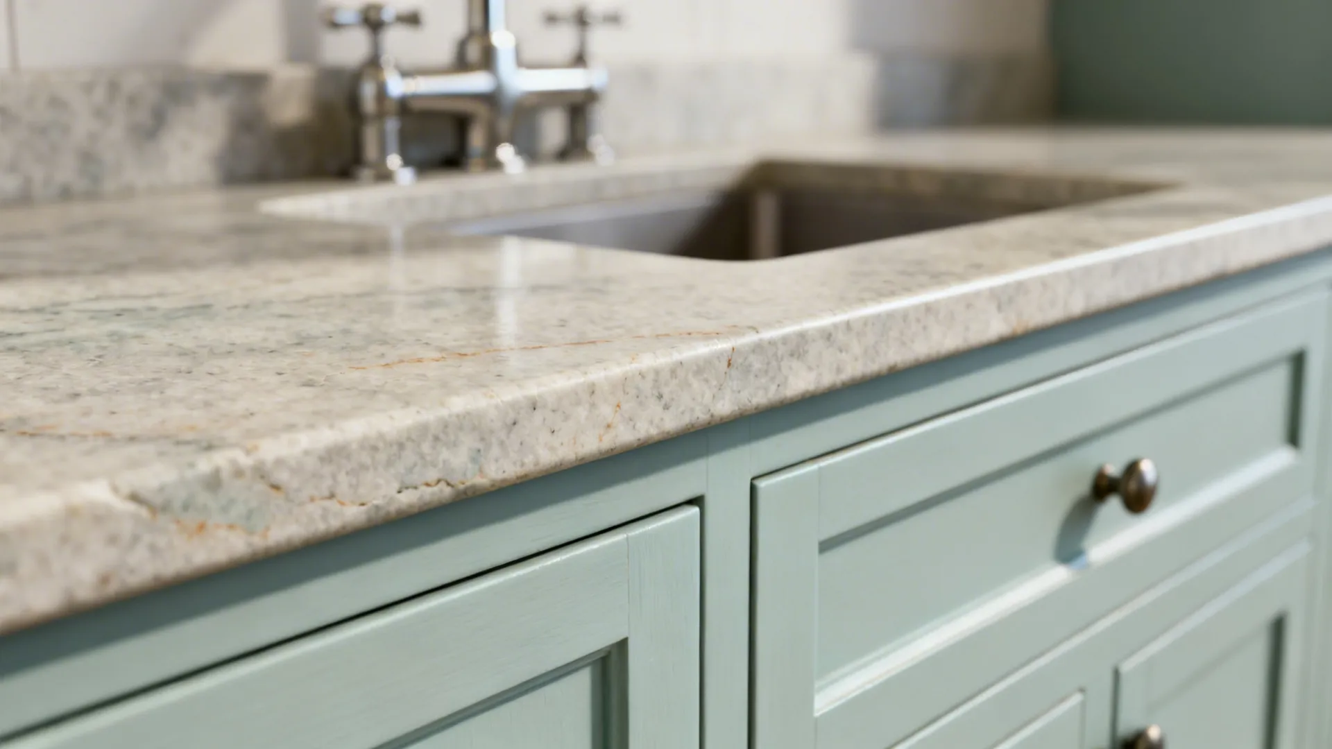 Macro view of honed soapstone edge with eased profile next to shaker drawers.