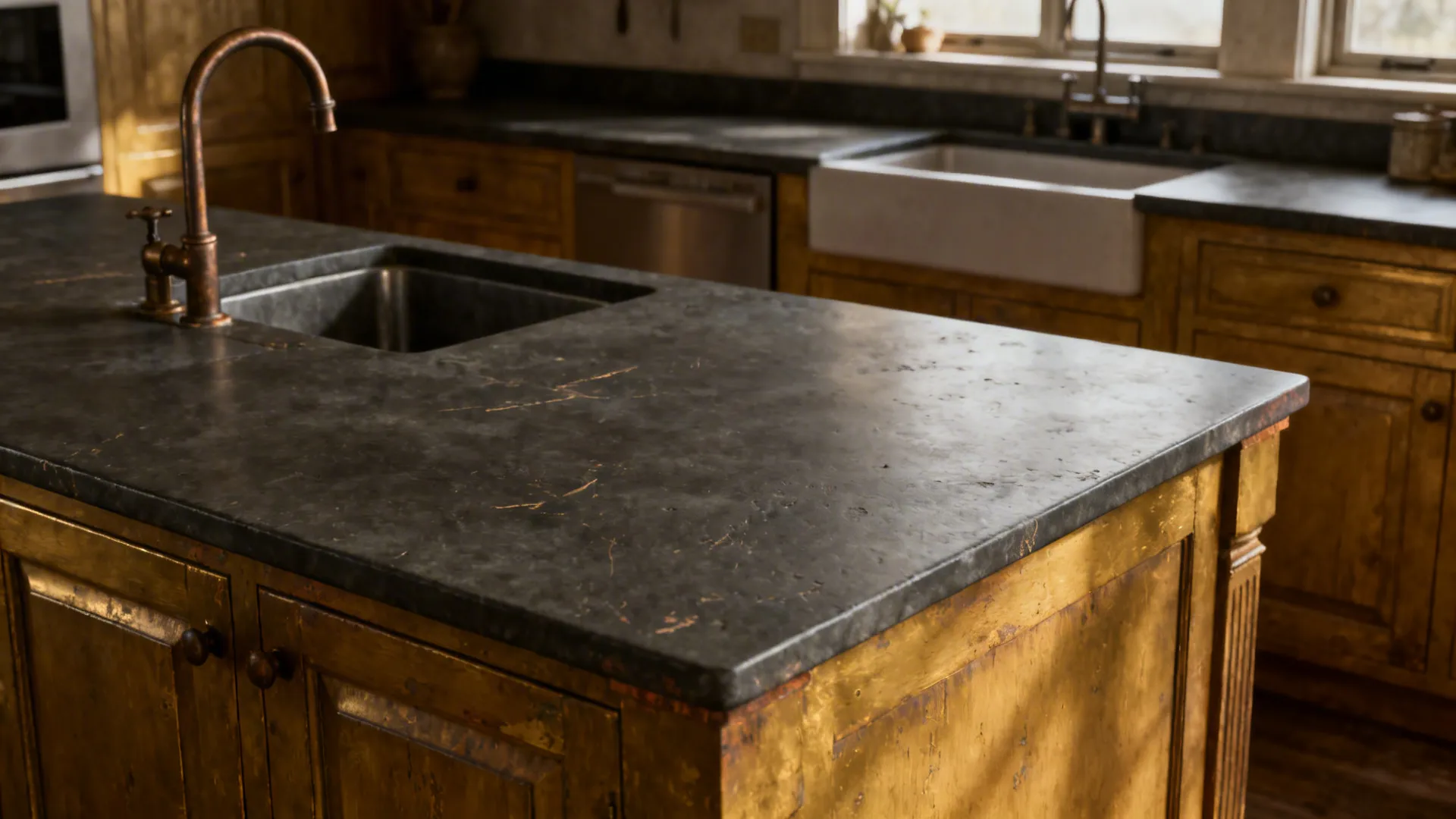 Golden oak cabinets with a deep matte soapstone countertop and soft natural lighting