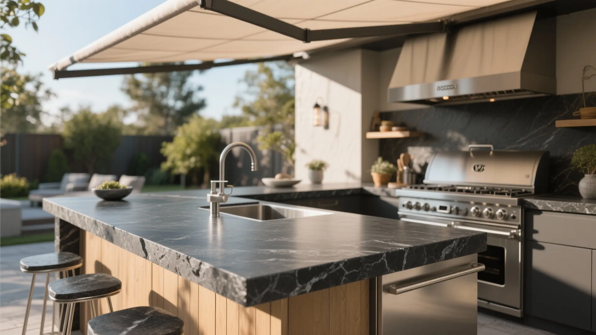 Outdoor kitchen with dark soapstone countertop under partial shade