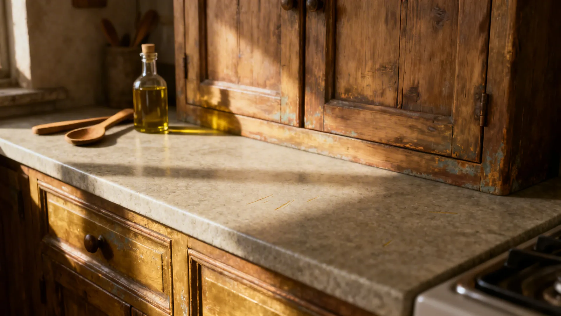 Honed soapstone countertop with soft patina beside rustic wood cabinets and warm kitchen accessories.