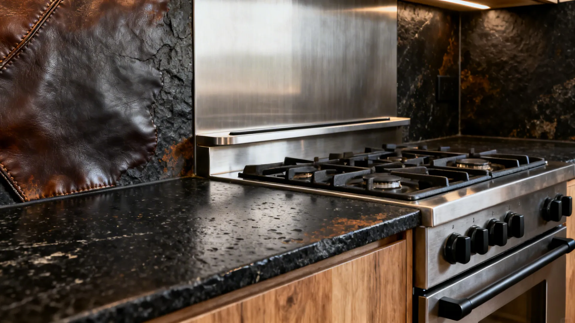 Dark leathered stone countertop with a brushed stainless backsplash panel and utensil rail.