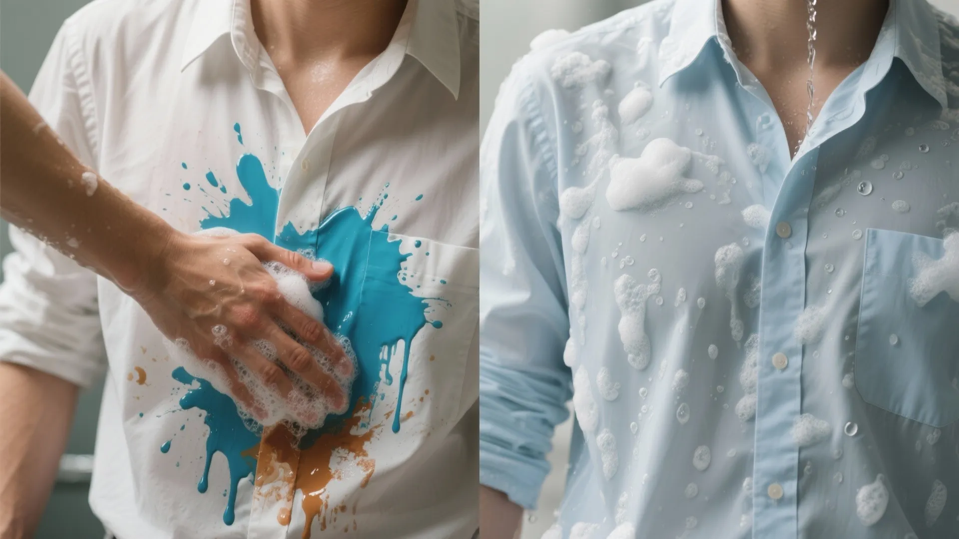 Before and after comparison of scrubbing paint stains on a shirt versus rinsing it clean