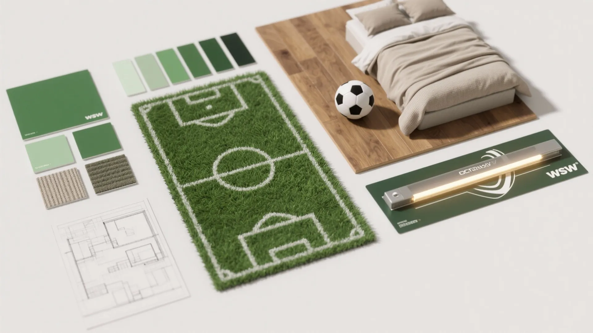 Top-down moodboard flatlay with turf green paint swatches, fabric samples, wood sample, mini soccer ball and LED strip sample.