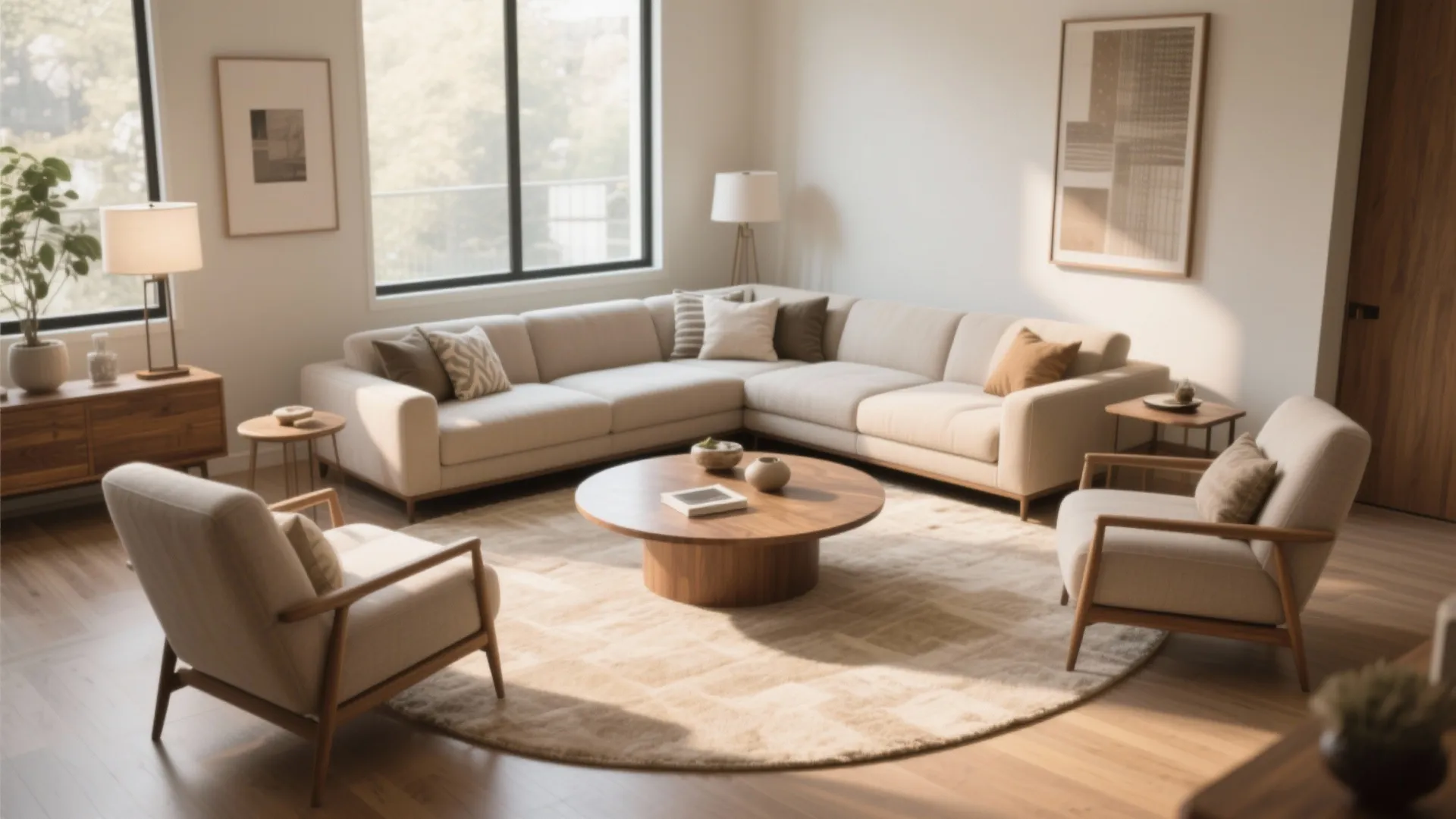 Spacious living room featuring a large beige corner sofa and two armchairs with wooden frames