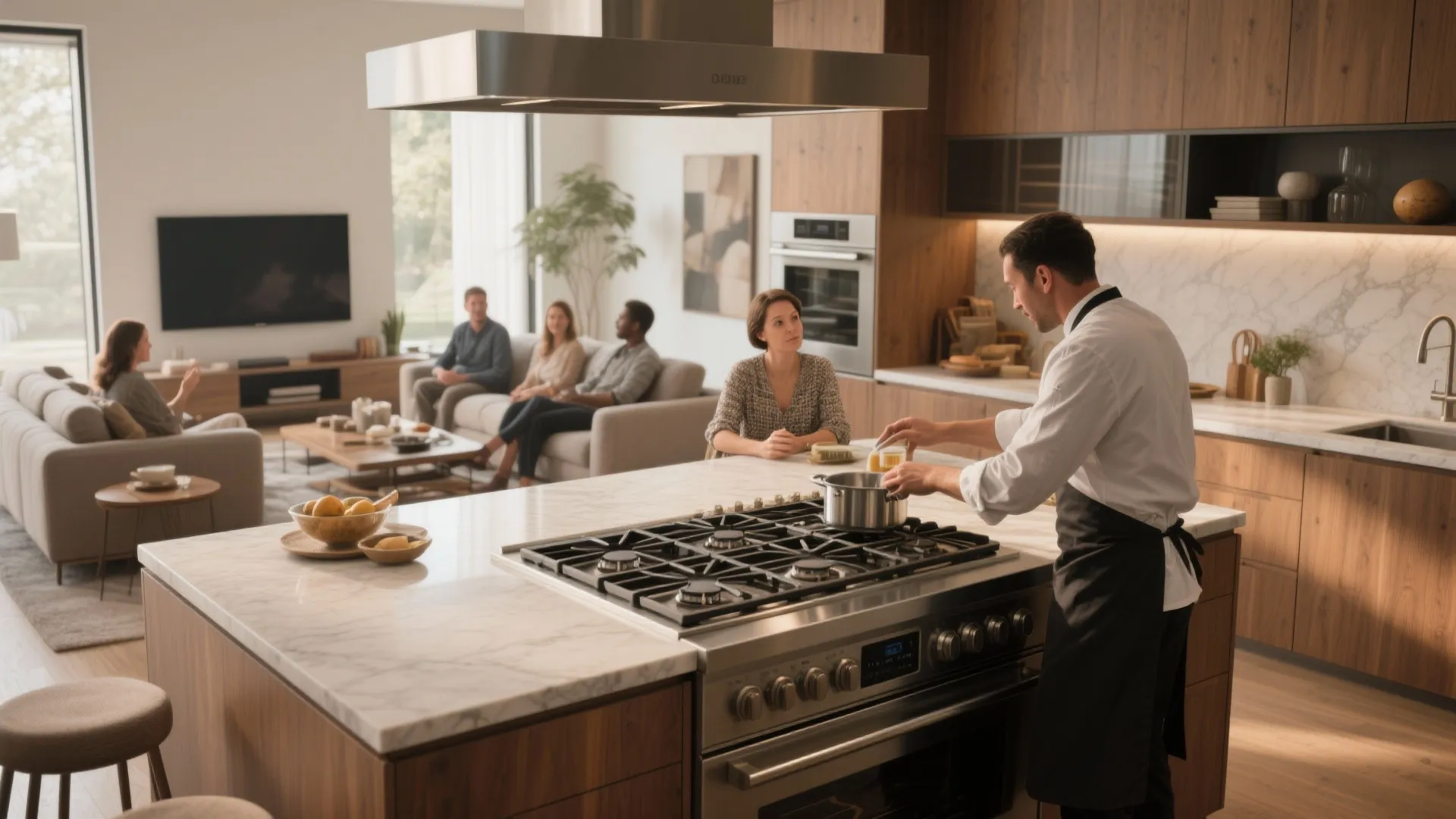 Island cooktop oriented toward the living area with people chatting during cooking.