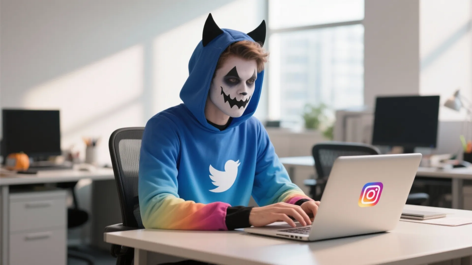 Man in blue hoodie with face paint using laptop at desk in a bright office