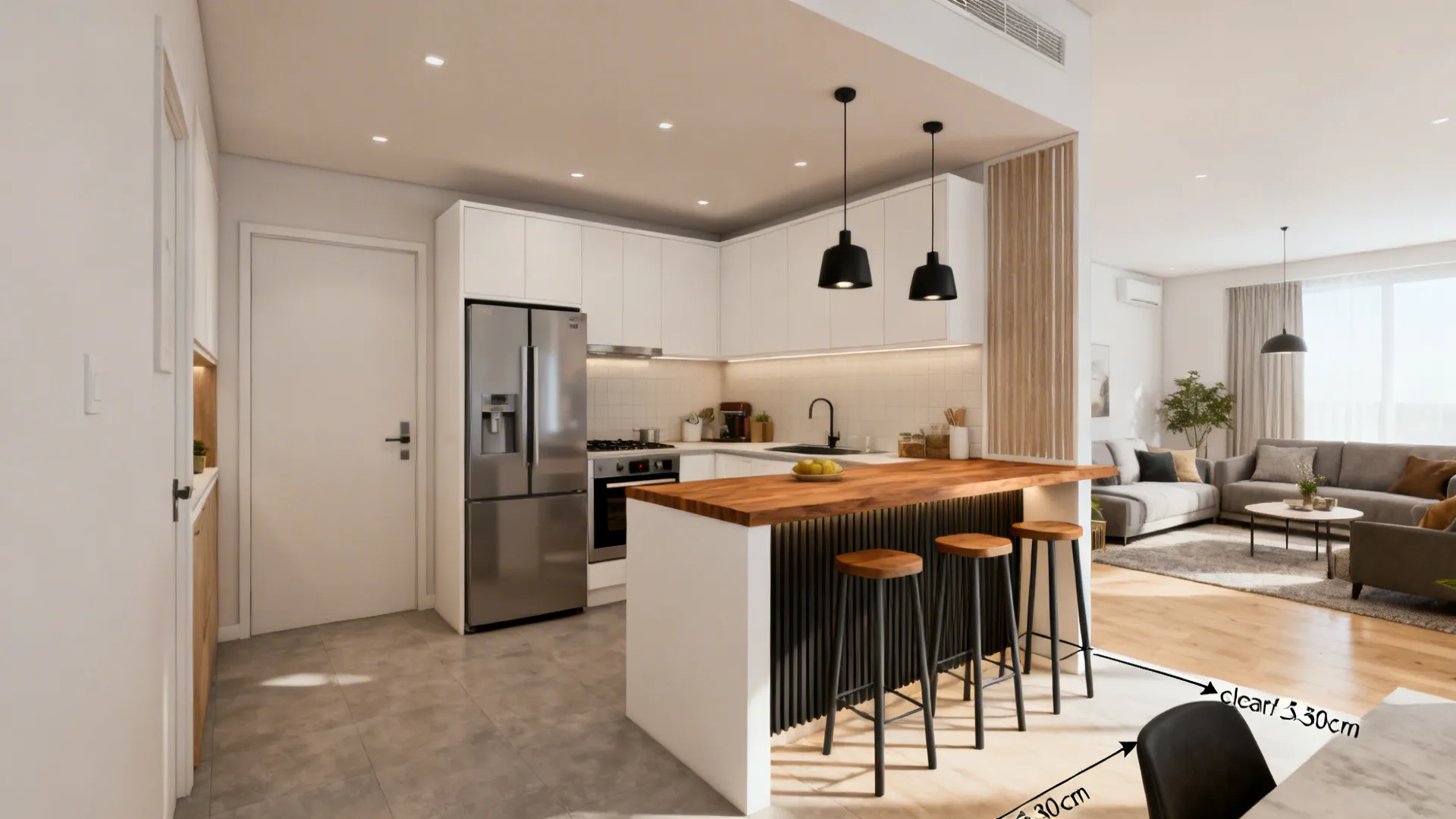 Compact L-shaped kitchen with slim peninsula seating opening to the living room.