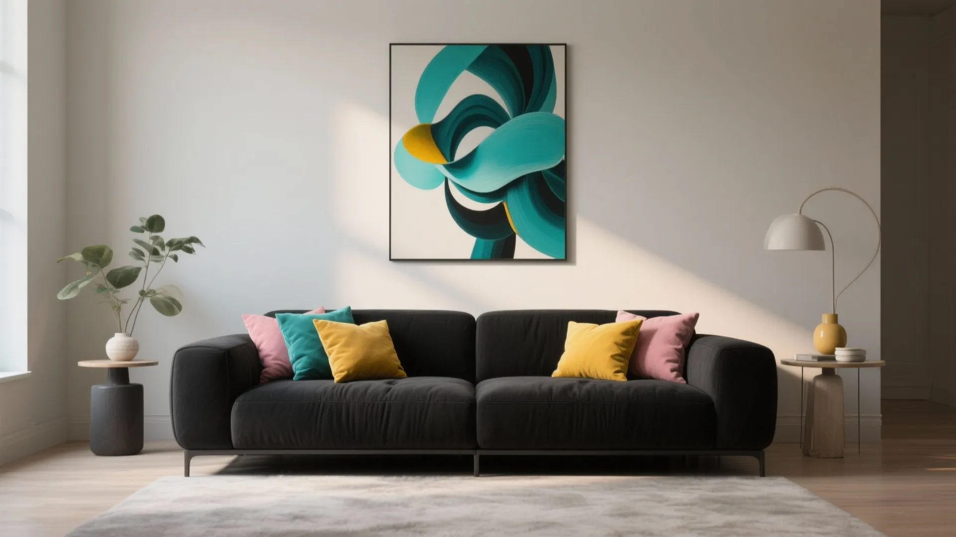 Black sofa styled with colorful cushions and bold statement art against a neutral wall.