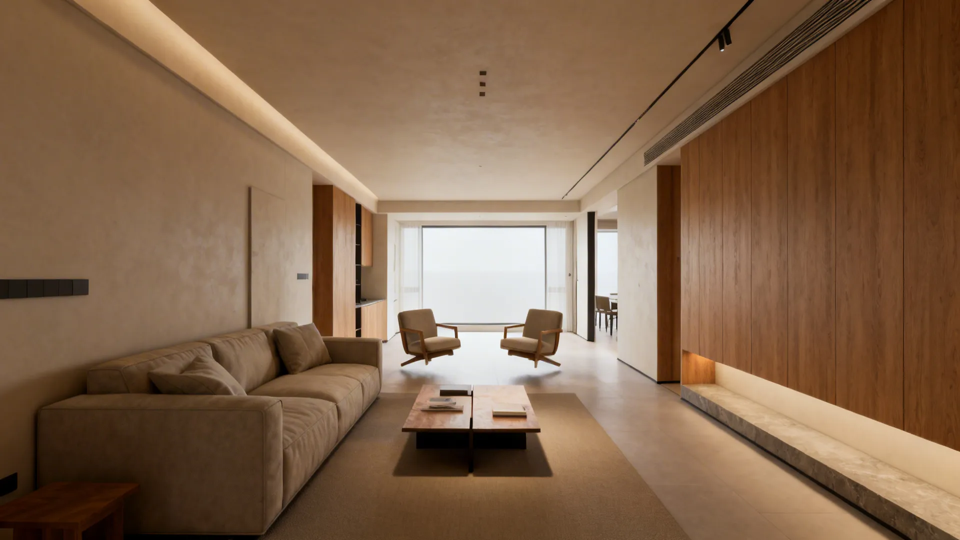 Modern living room with beige sofa wooden coffee table wall panel and large window daylight