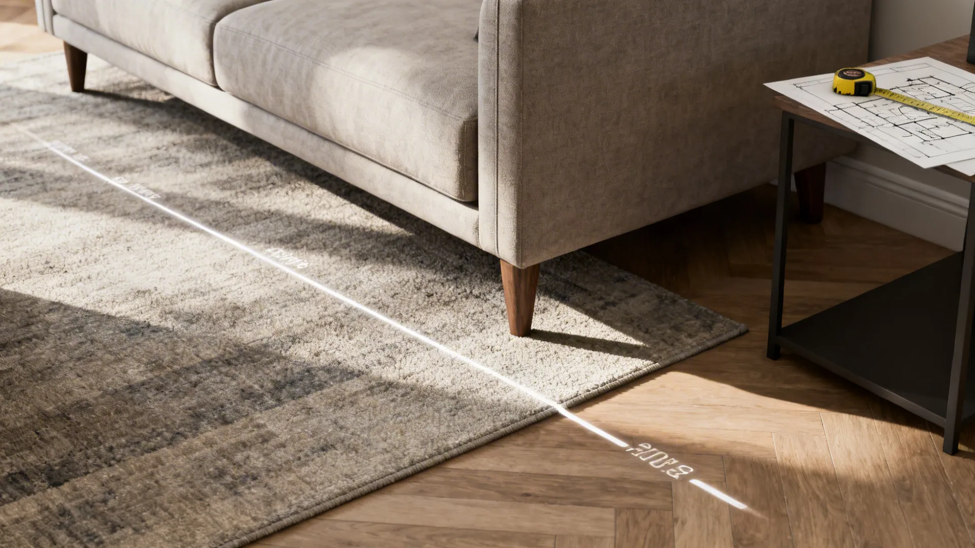 Sofa with front legs on a rug in a compact living room, showing intentional furniture layout and clear traffic flow.