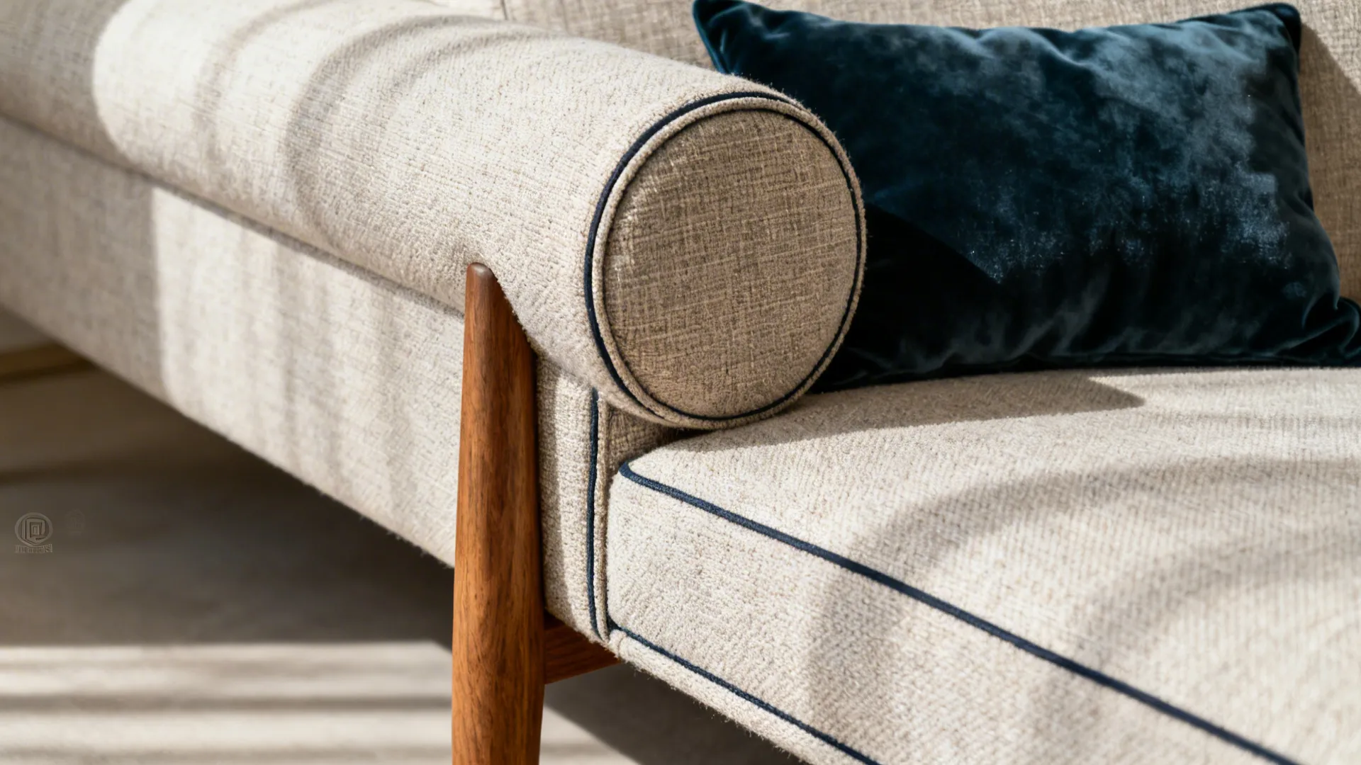 Macro of tight-back sofa arm with linen fabric and exposed oak leg beside a velvet cushion.