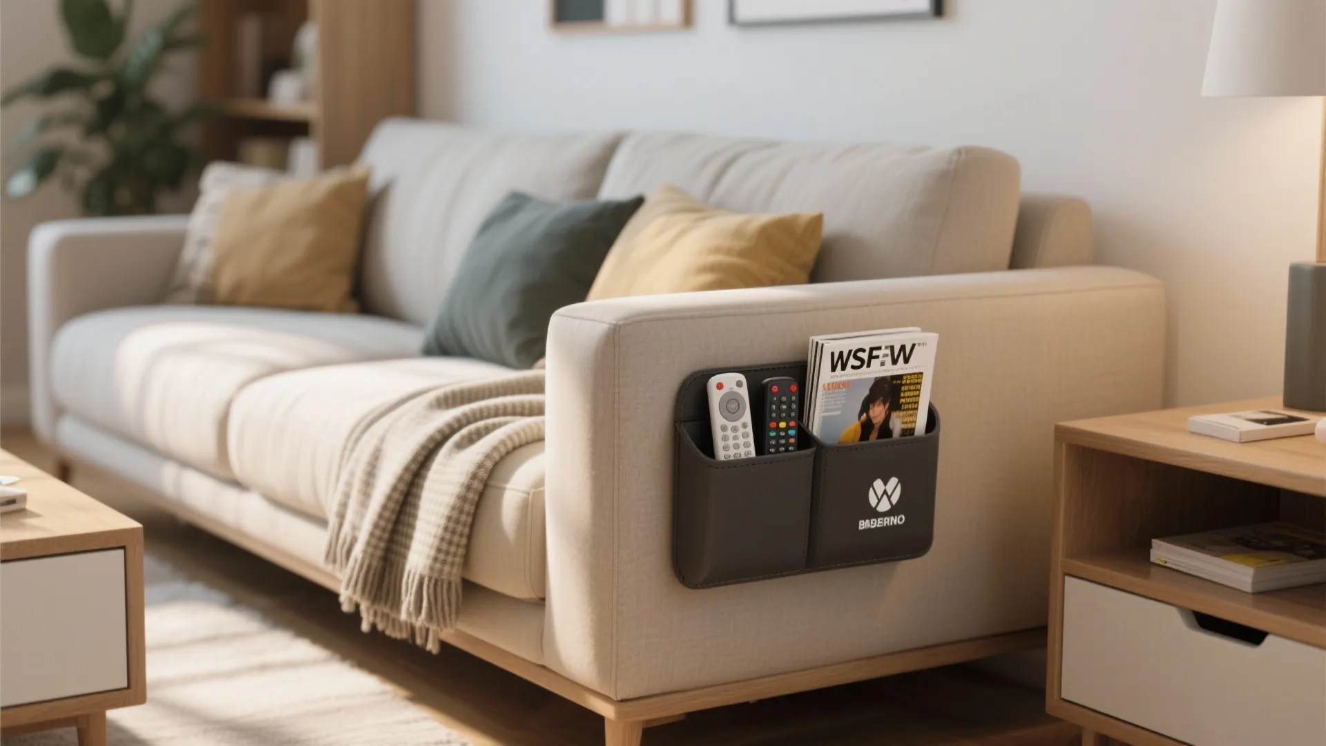 Grey pocket organizer on sofa arm holding remote controls and magazine in a modern home