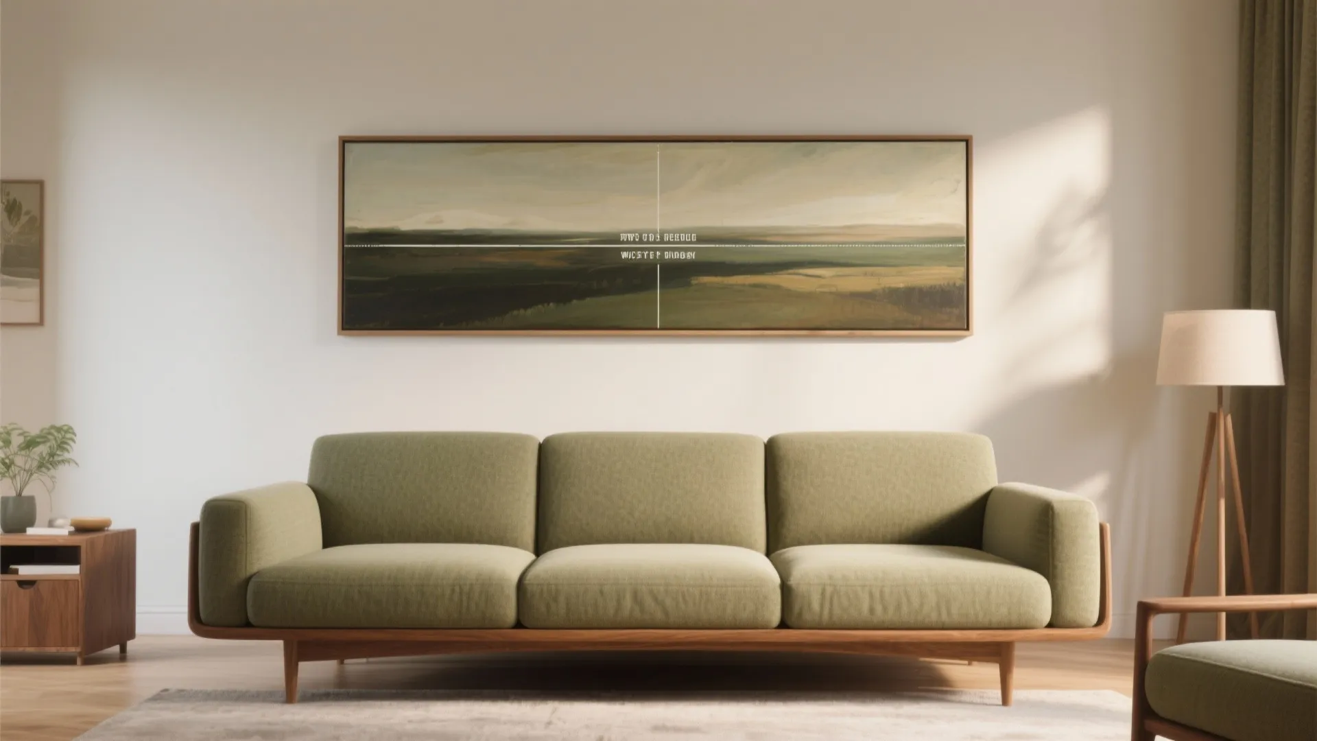 Large horizontal landscape painting hanging above a light green sofa in a modern bright room