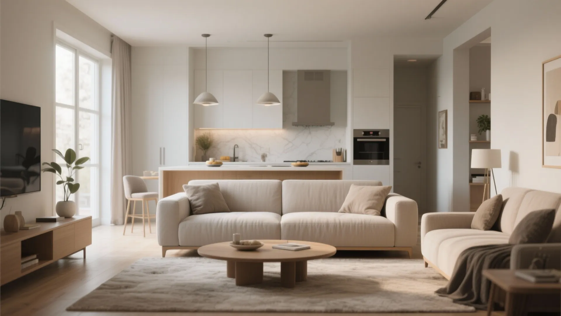 Low-back sofa dividing kitchen and living spaces