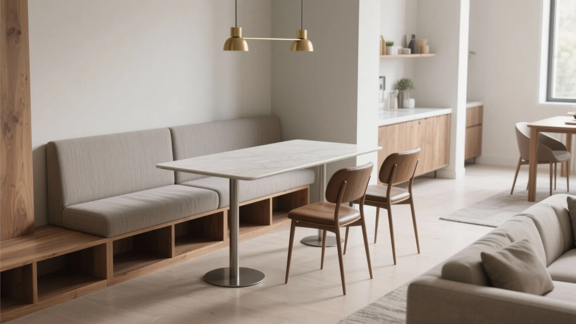 Modern dining area featuring a grey bench sofa with wooden storage and a marble table