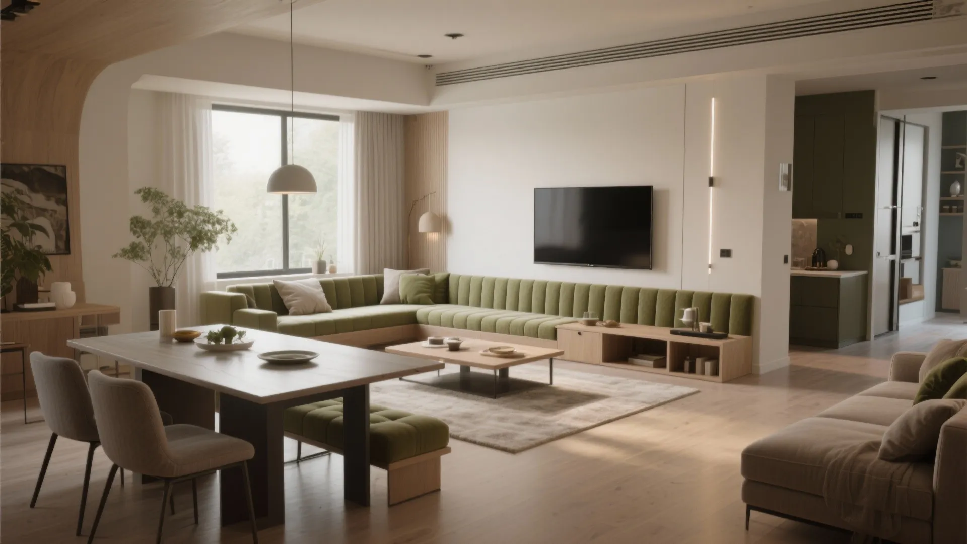 Modern open plan living room with green sofa wooden dining table television and bright warm lighting